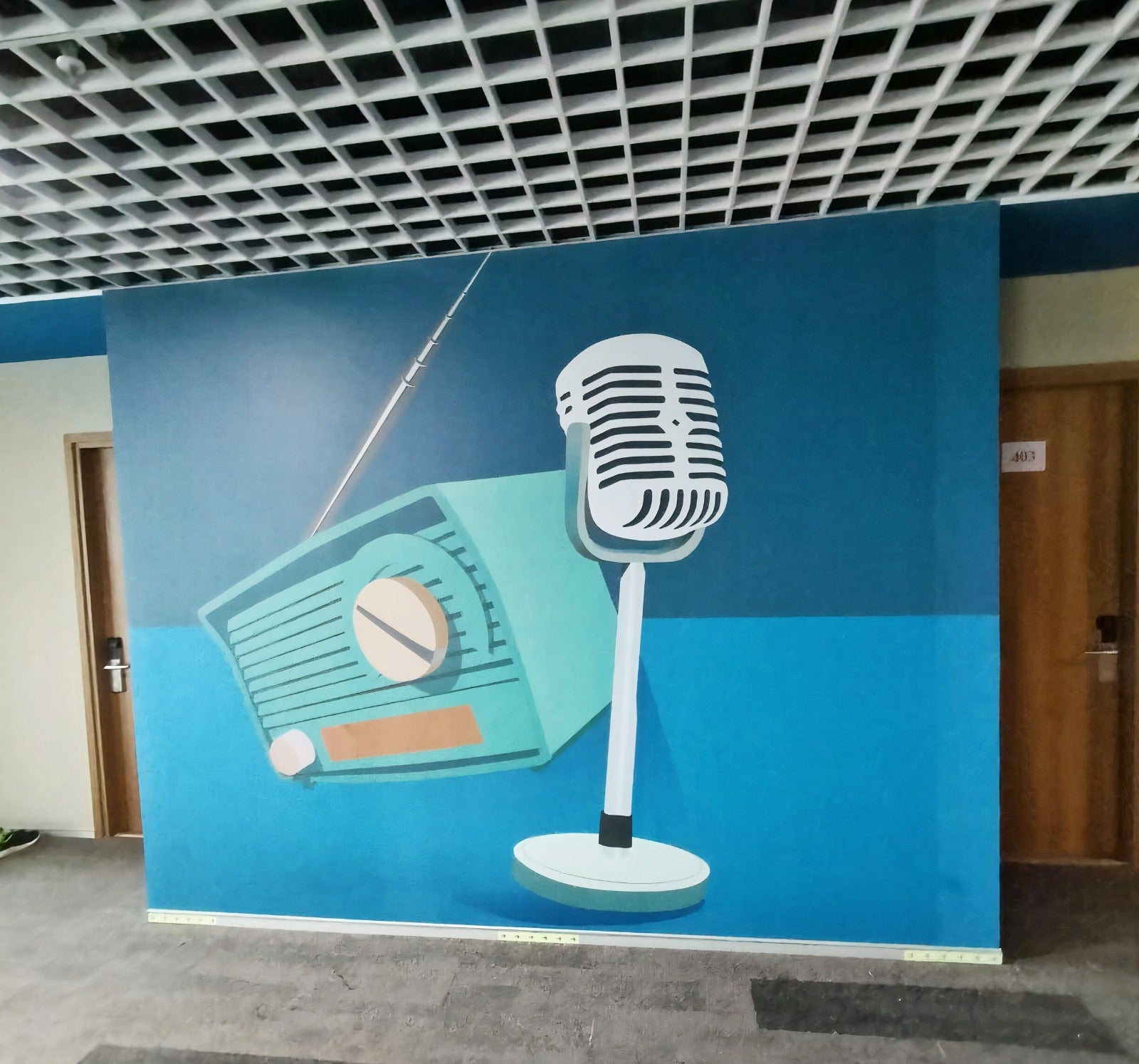 Retro Radio and Mic Mural with Airport Signage Wallpaper - Creative Wall Graphic and Wayfinding Decals for Unique Spaces