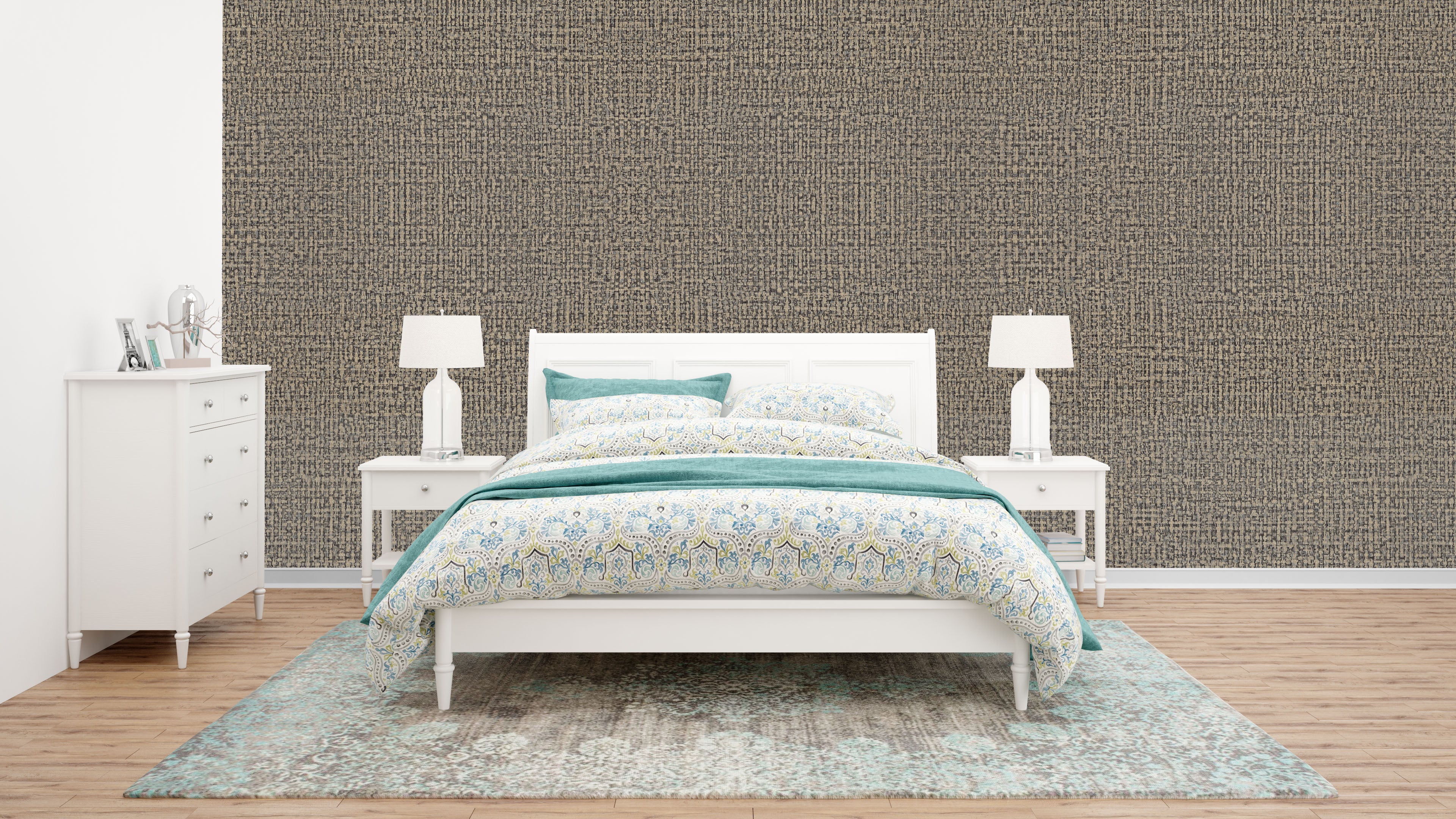 Dark Beige Linen Texture Wallpaper: Subtle Woven Design for Serene Bedroom Interiors