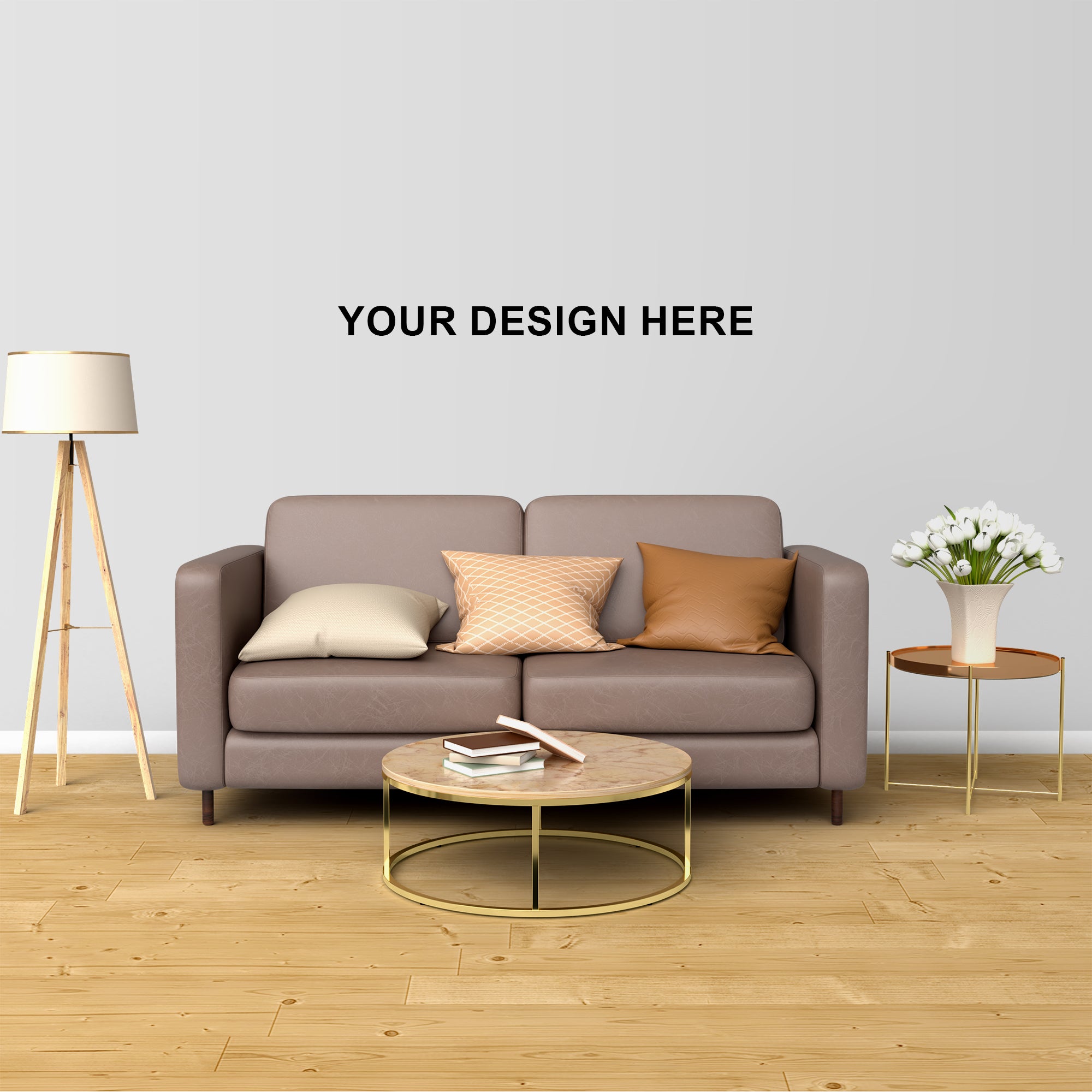 Modern living room with a gray sofa, coffee table, and side table on a wooden floor.