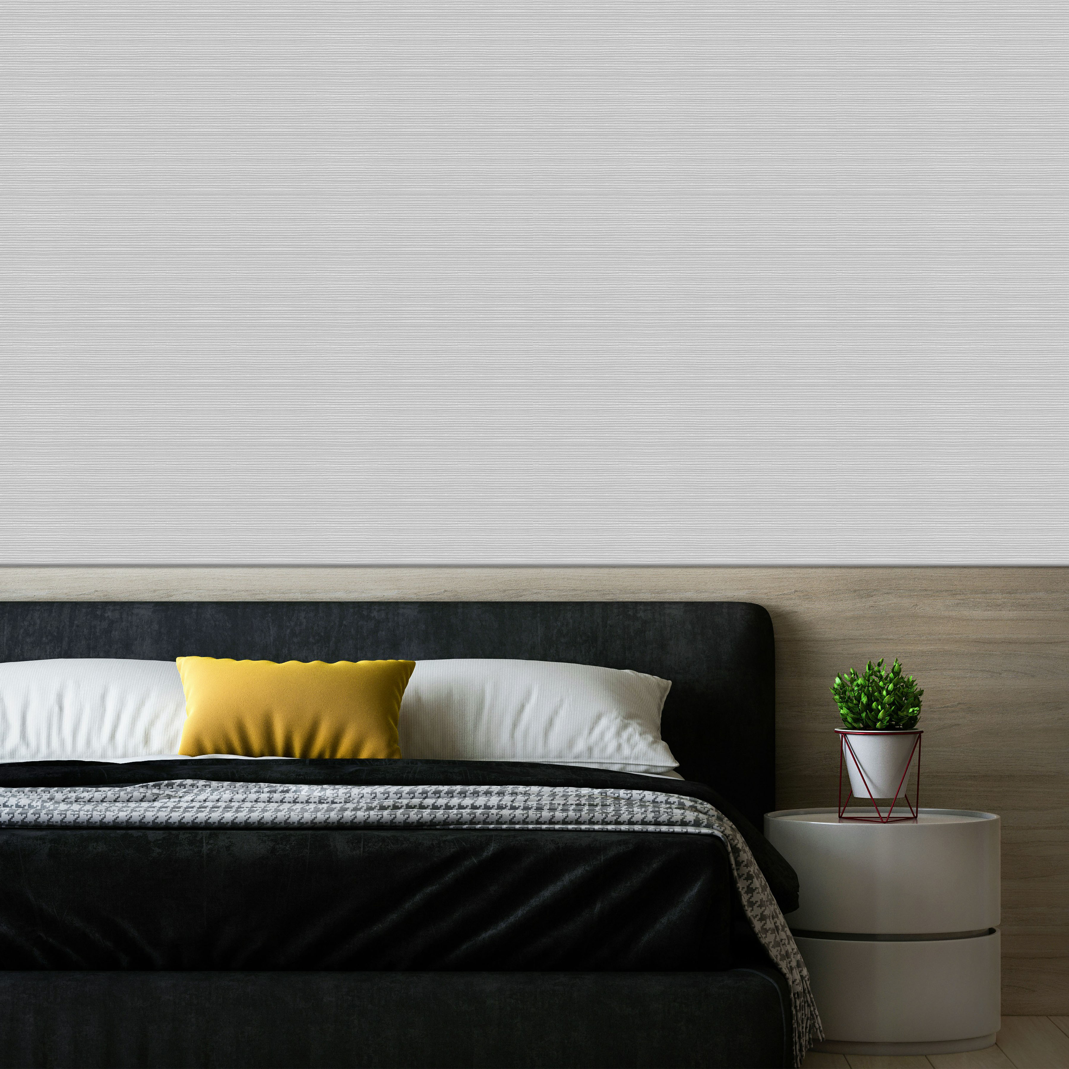 A Bedroom with Textured Grey Wall and Modern Headboard, featuring Yellow Accent Pillow