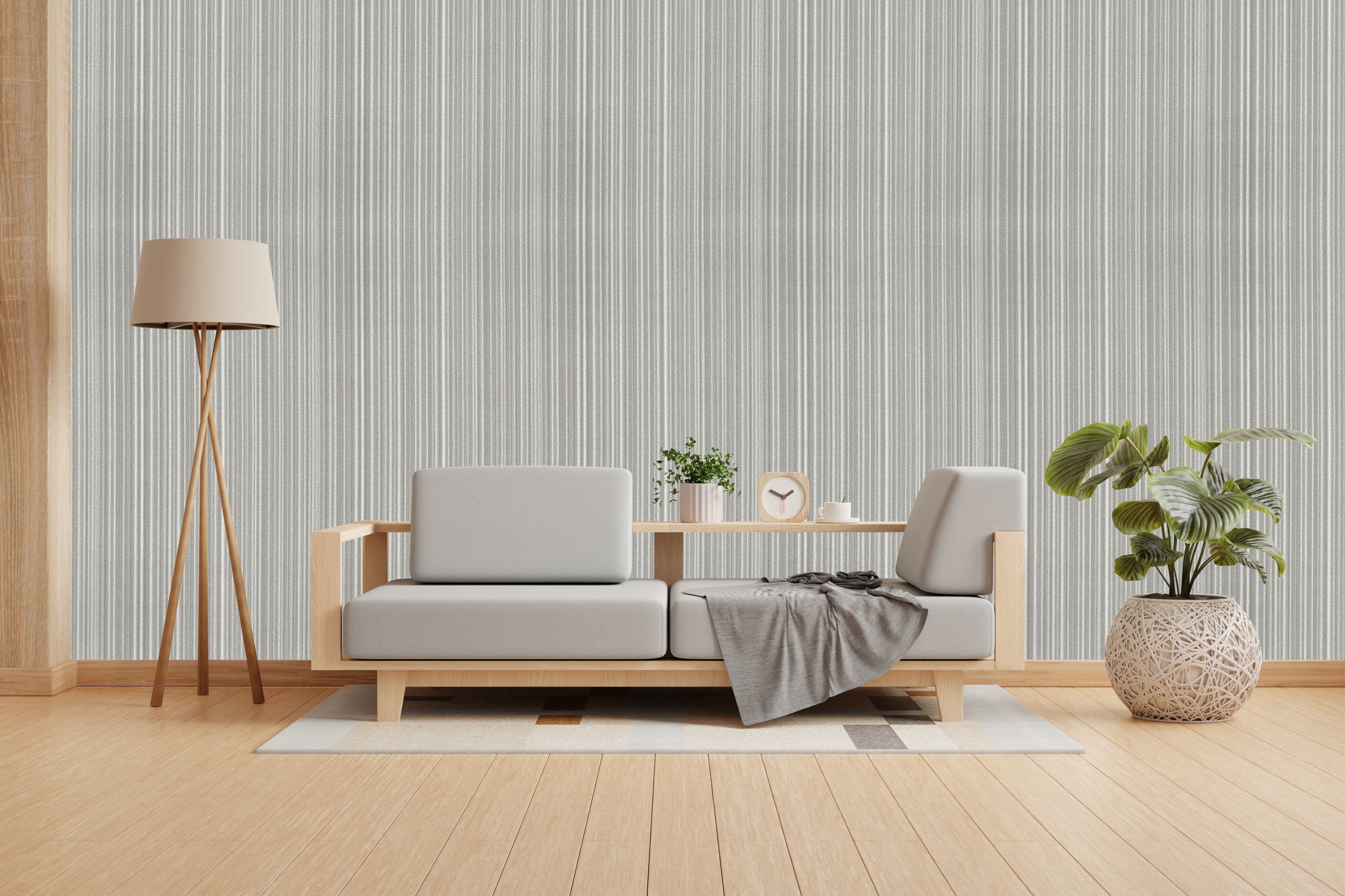 Vishal Wallpapers - The Best Wallpaper Company In India, Modern living room with a gray sofa, wooden floor, and striped wallpaper.