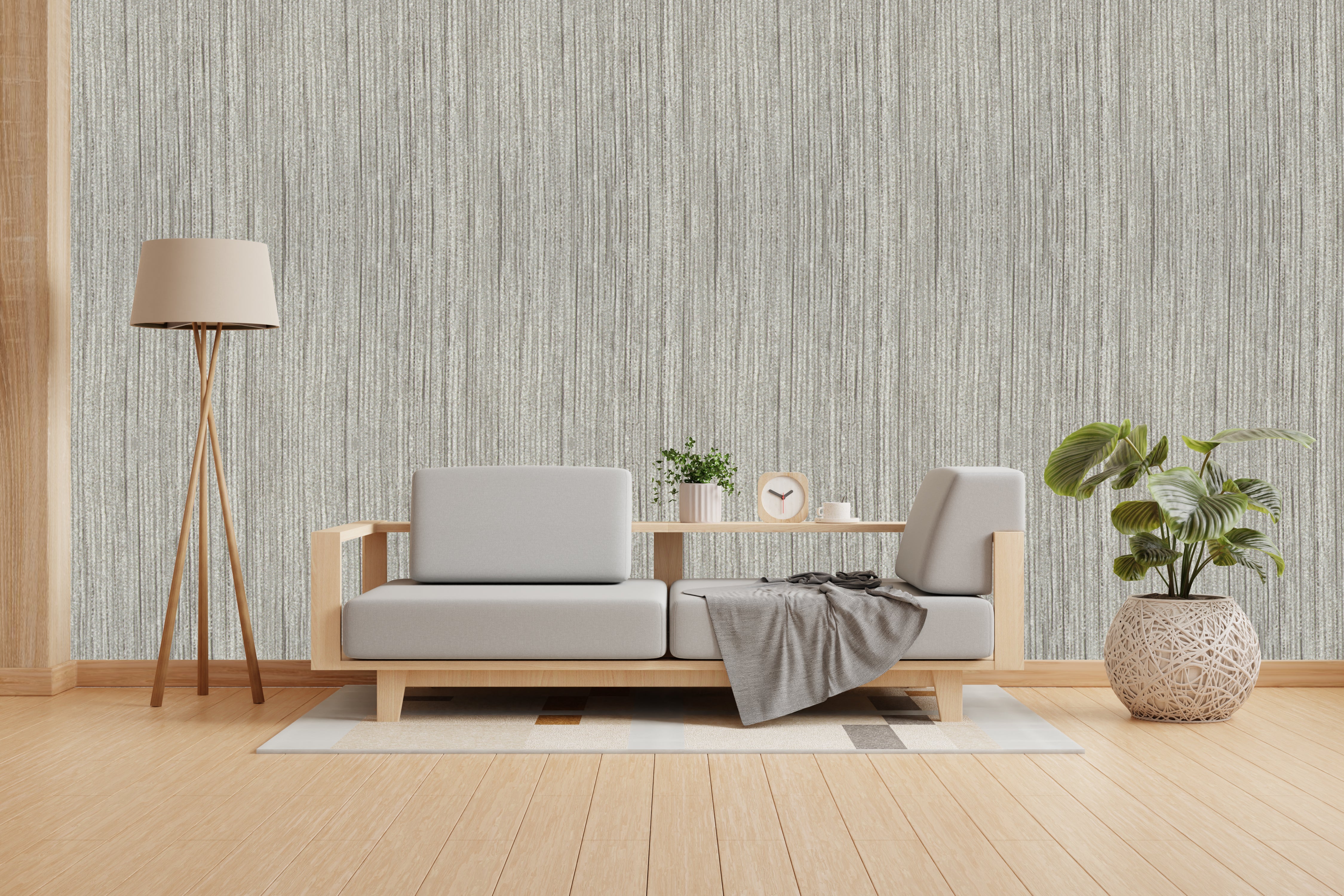 Vishal Wallpapers - The Best Wallpaper Company In India, Modern living room with a sofa, lamp, and decorative items against a textured wall.