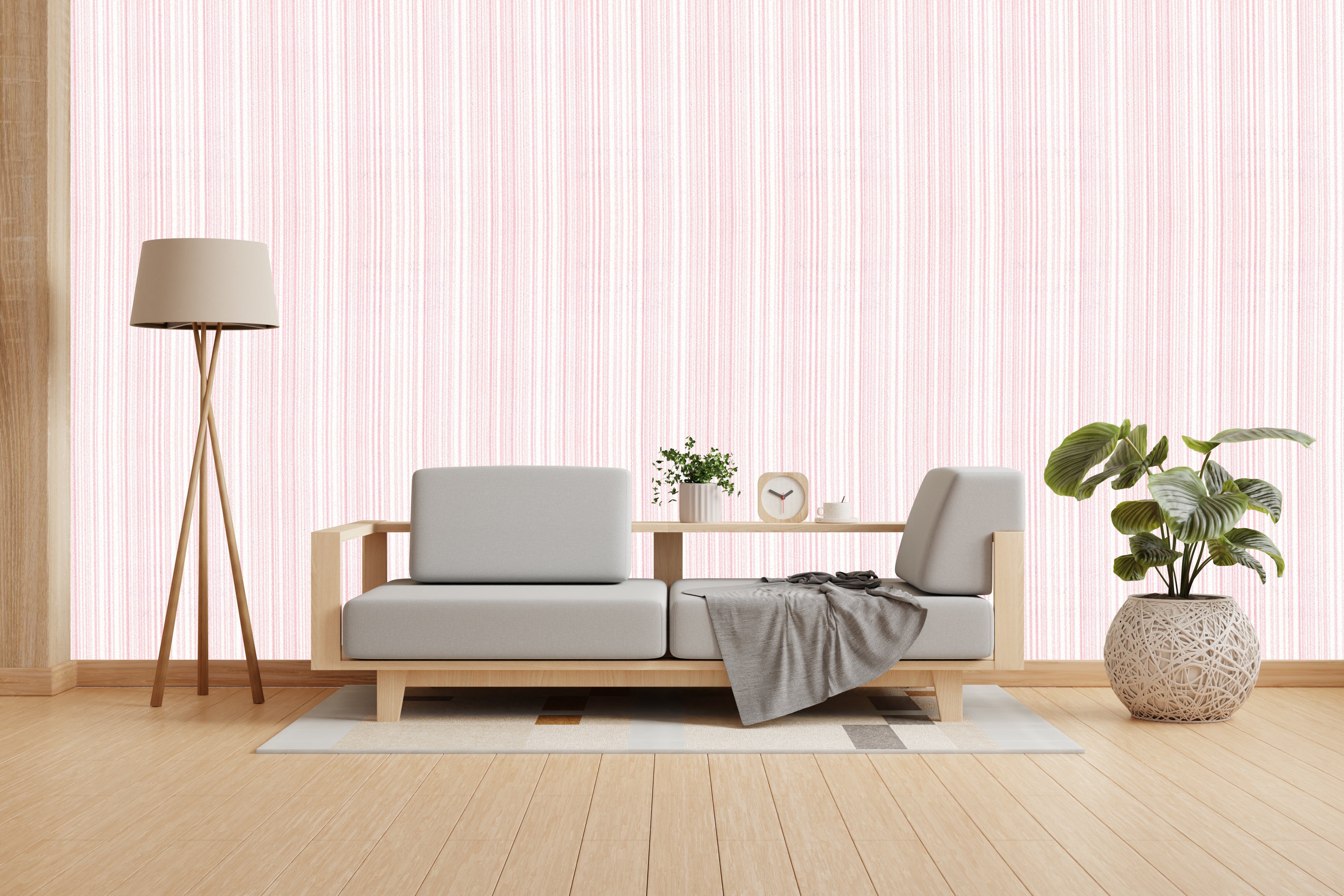 Vishal Wallpapers - The Best Wallpaper Company In India, Modern living room with a sofa, lamp, and plants against a striped wall.