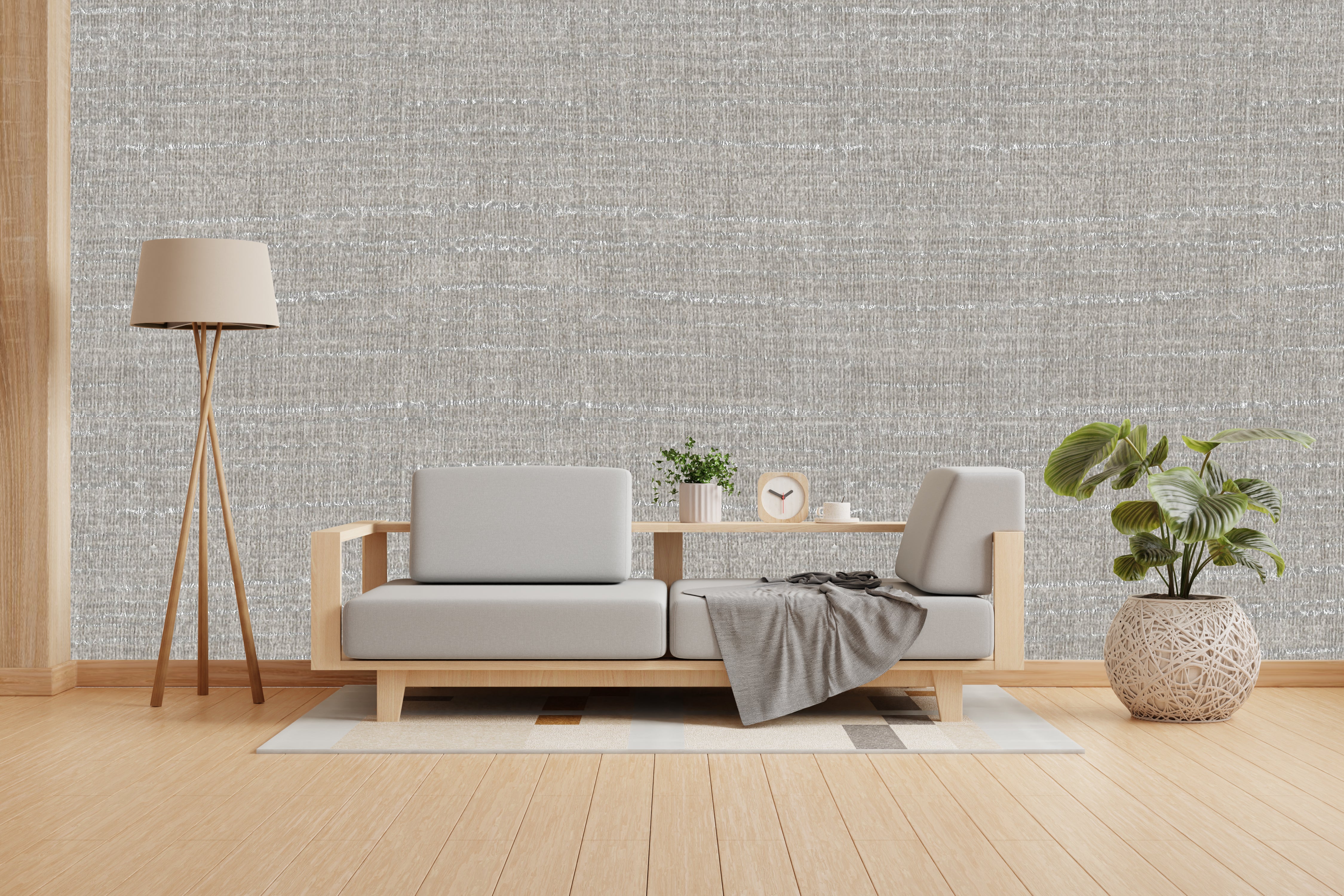 Vishal Wallpapers - The Best Wallpaper Company In India, Modern living room with a gray sofa, wooden floor, and decorative elements.