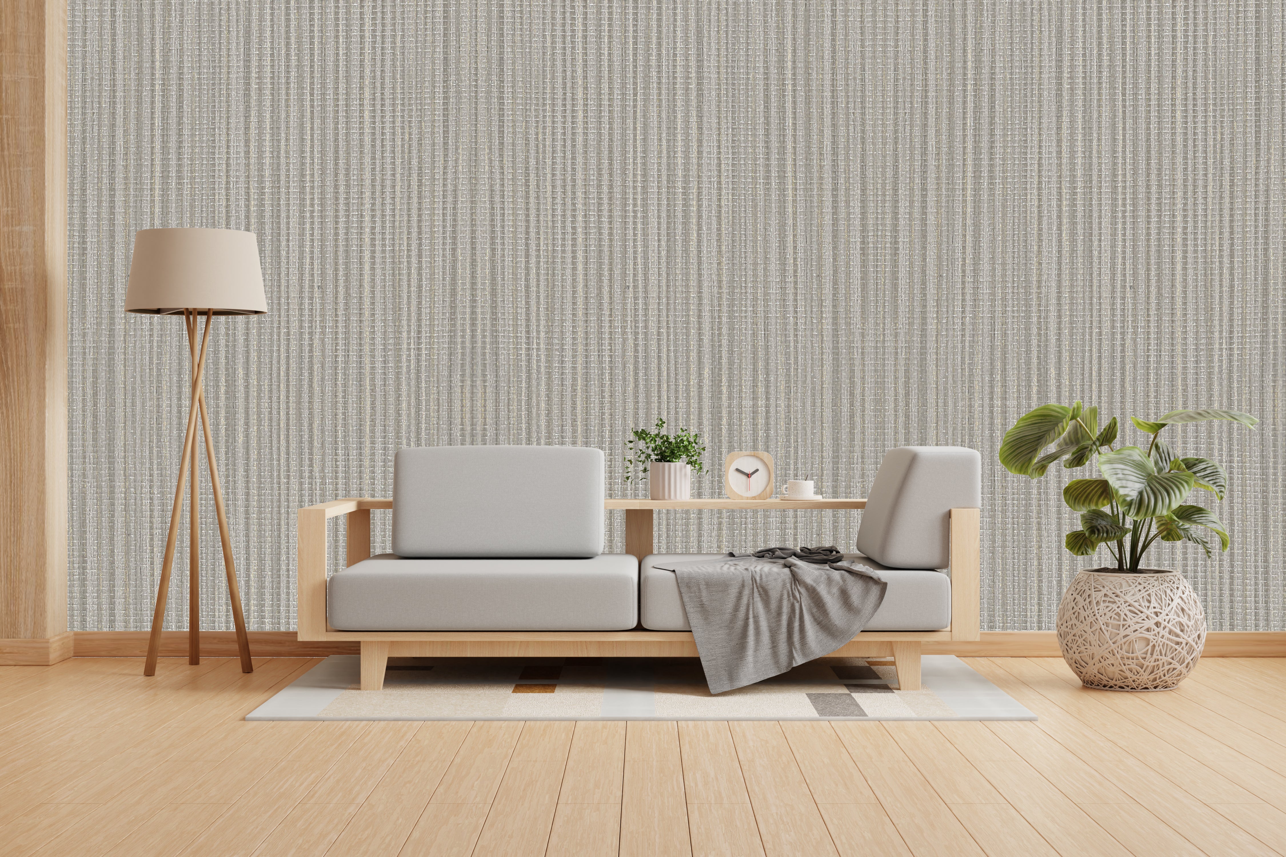Vishal Wallpapers - The Best Wallpaper Company In India, Modern living room with a sofa, lamp, and decorative items against a striped wall.
