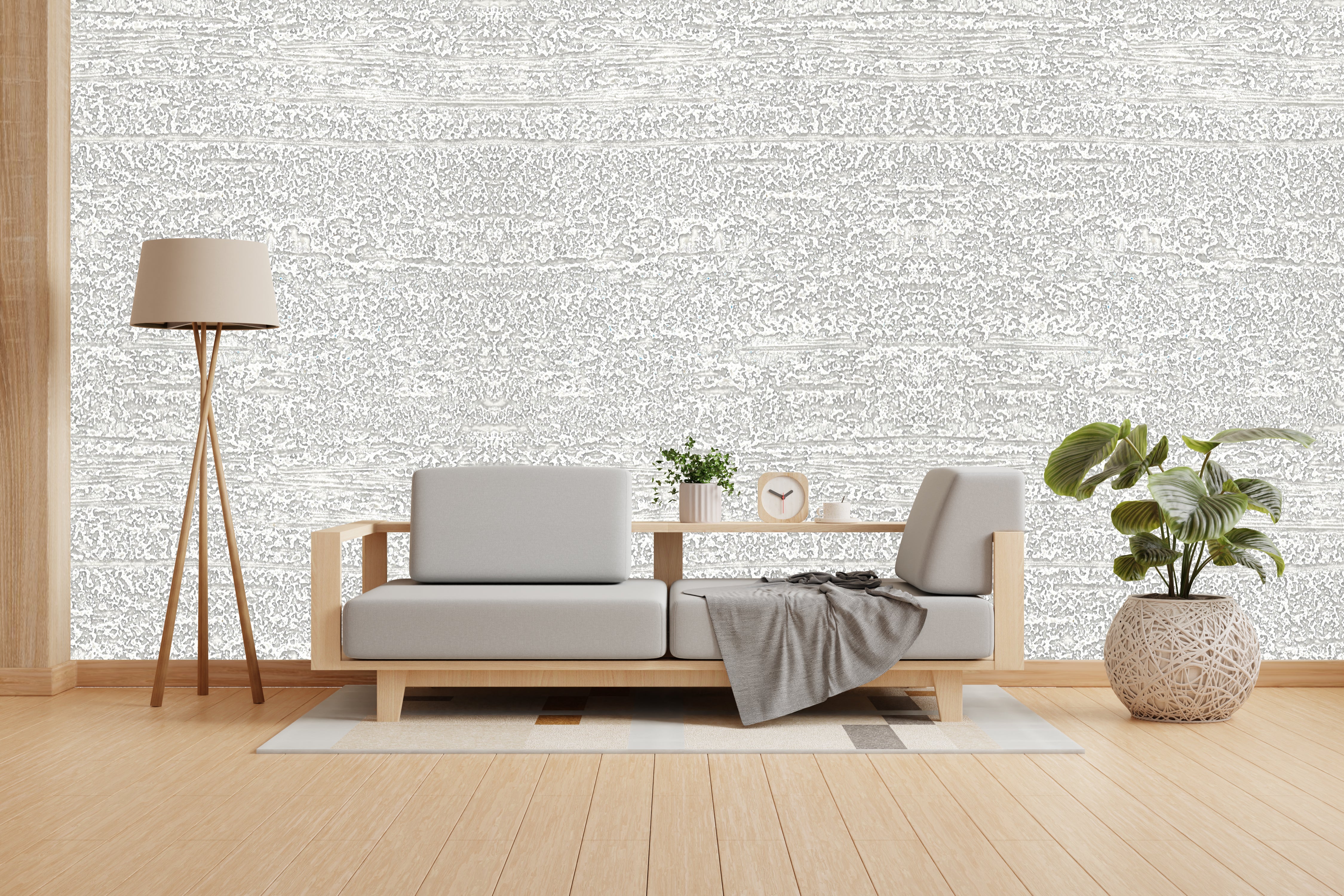Vishal Wallpapers - The Best Wallpaper Company In India, Modern living room with a sofa, lamp, and decorative items against a patterned wall.