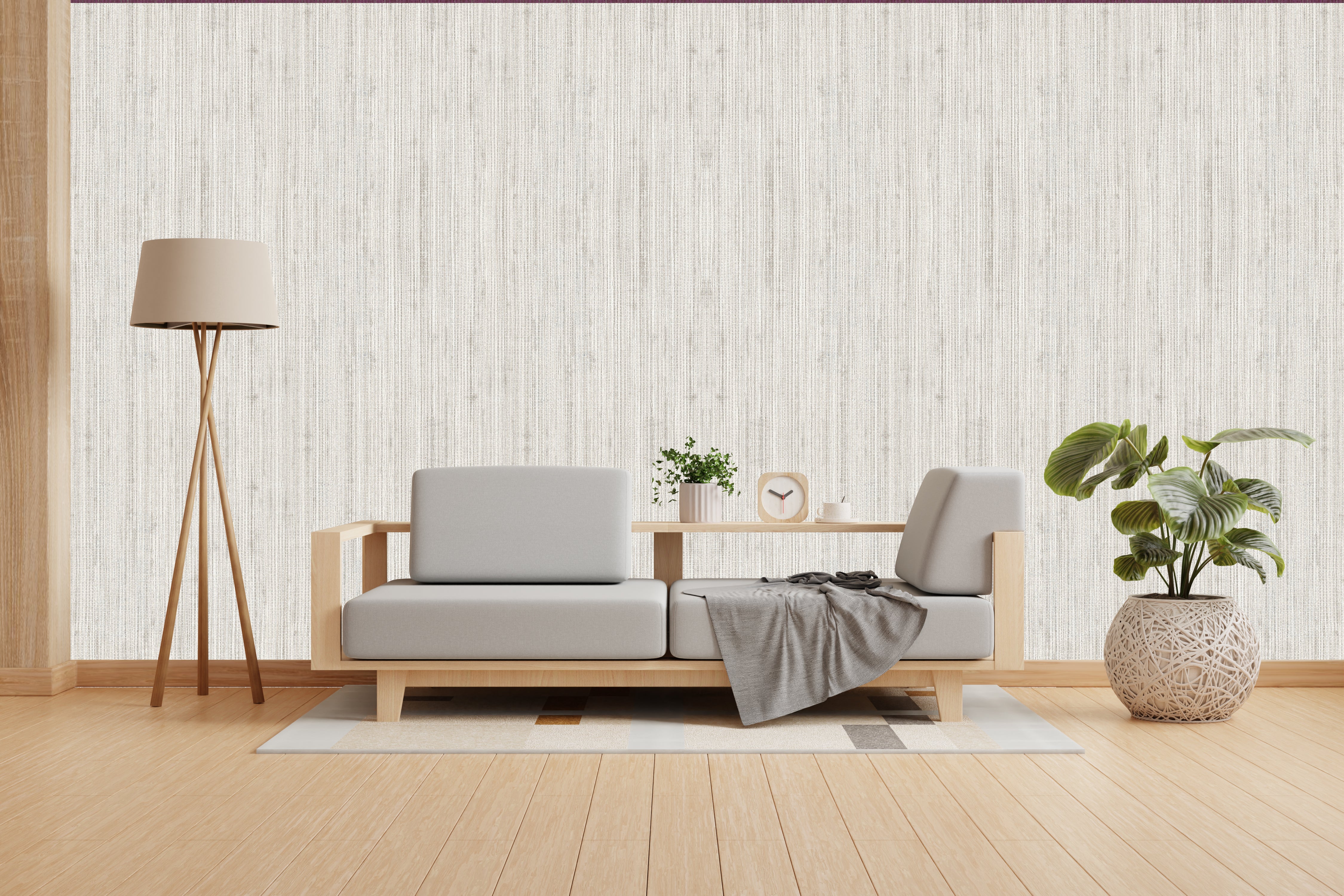 Vishal Wallpapers - The Best Wallpaper Company In India, Modern living room with a wooden floor, gray sofa, and decorative elements.