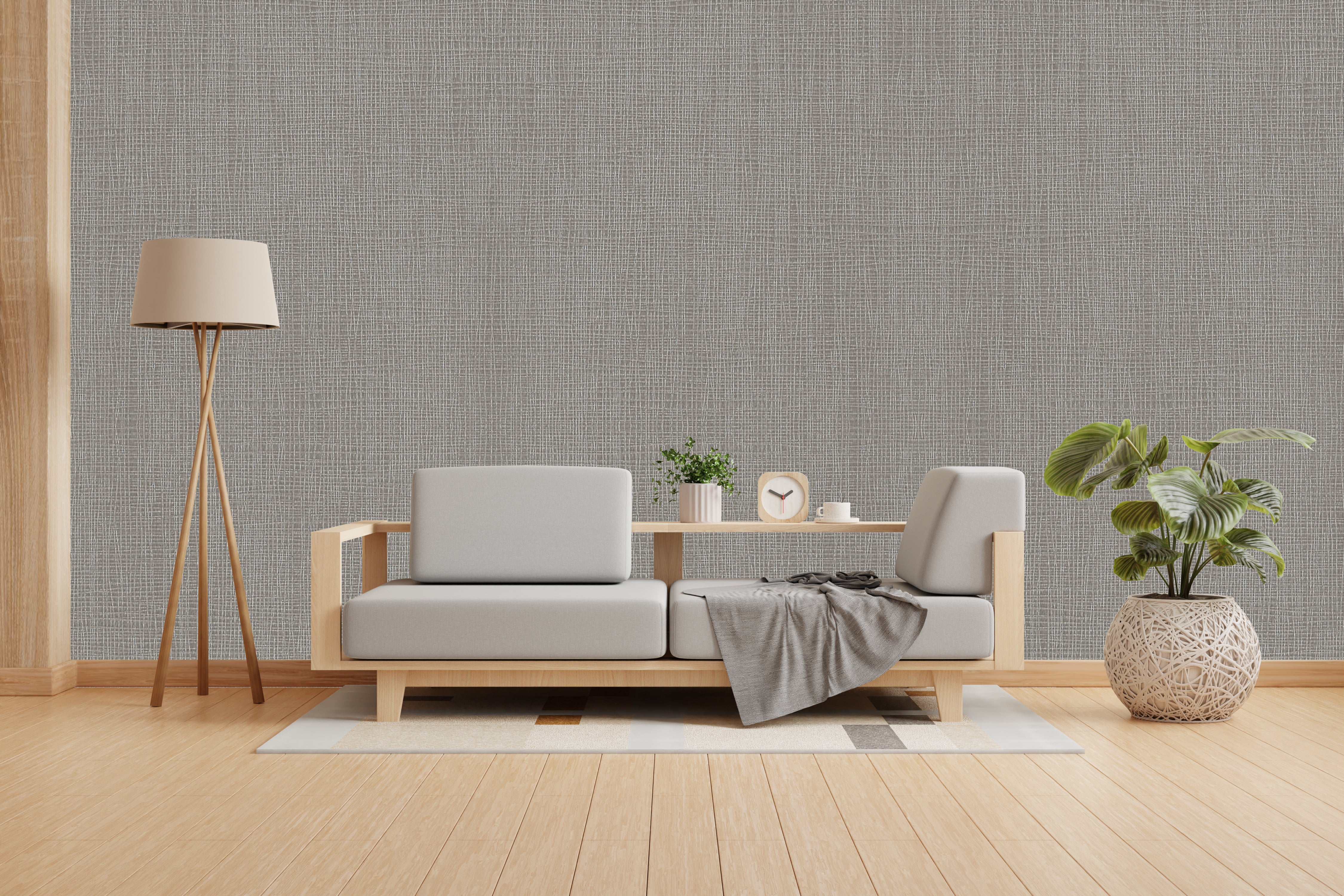 Vishal Wallpapers - The Best Wallpaper Company In India, Modern living room with a gray sofa, wooden floor, and decorative elements.