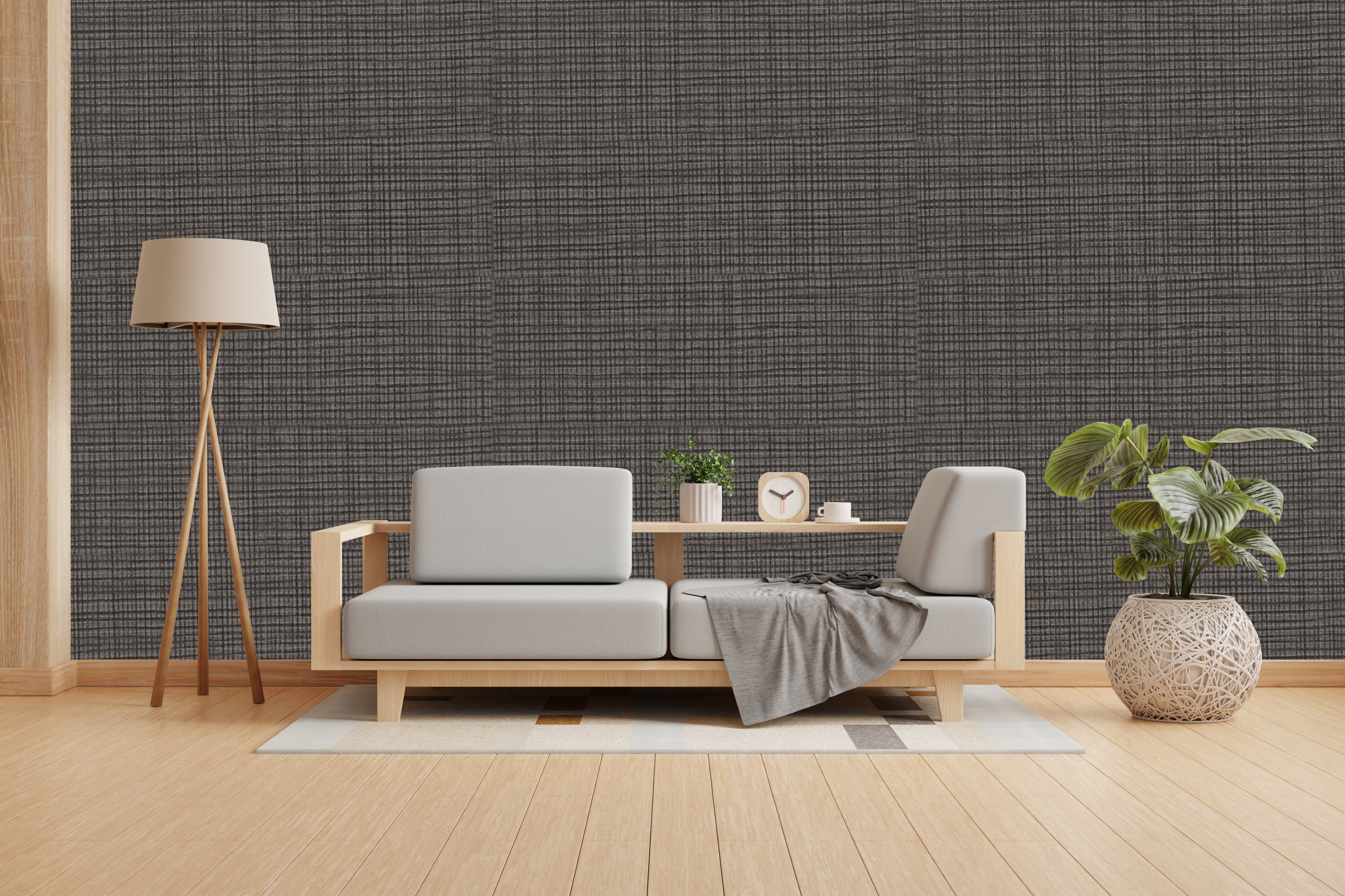 Vishal Wallpapers - The Best Wallpaper Company In India, Modern living room with a gray sofa, wooden coffee table, and decorative elements.