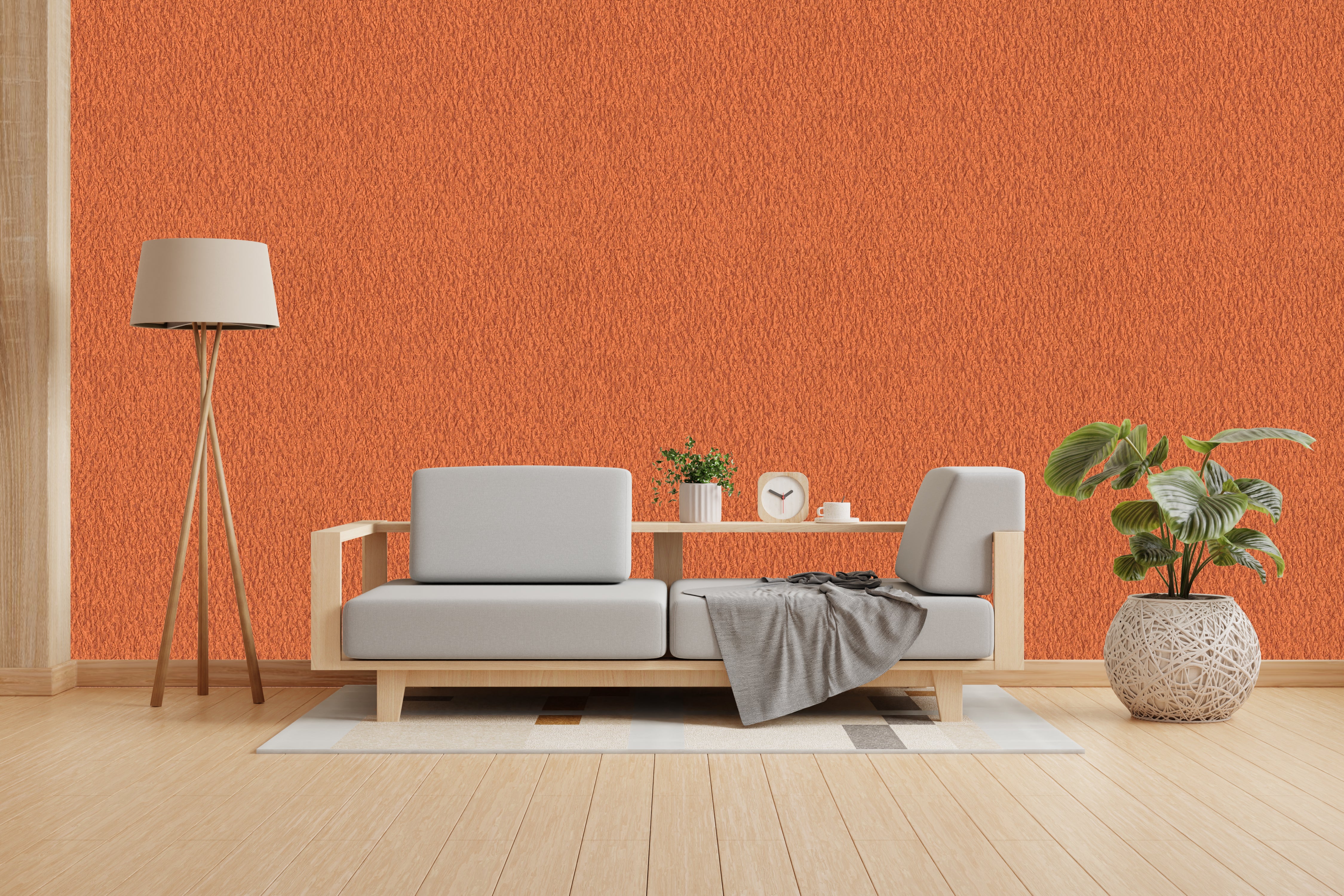 Vishal Wallpapers - The Best Wallpaper Company In India, Modern living room with a gray sofa, wooden coffee table, and orange wall.