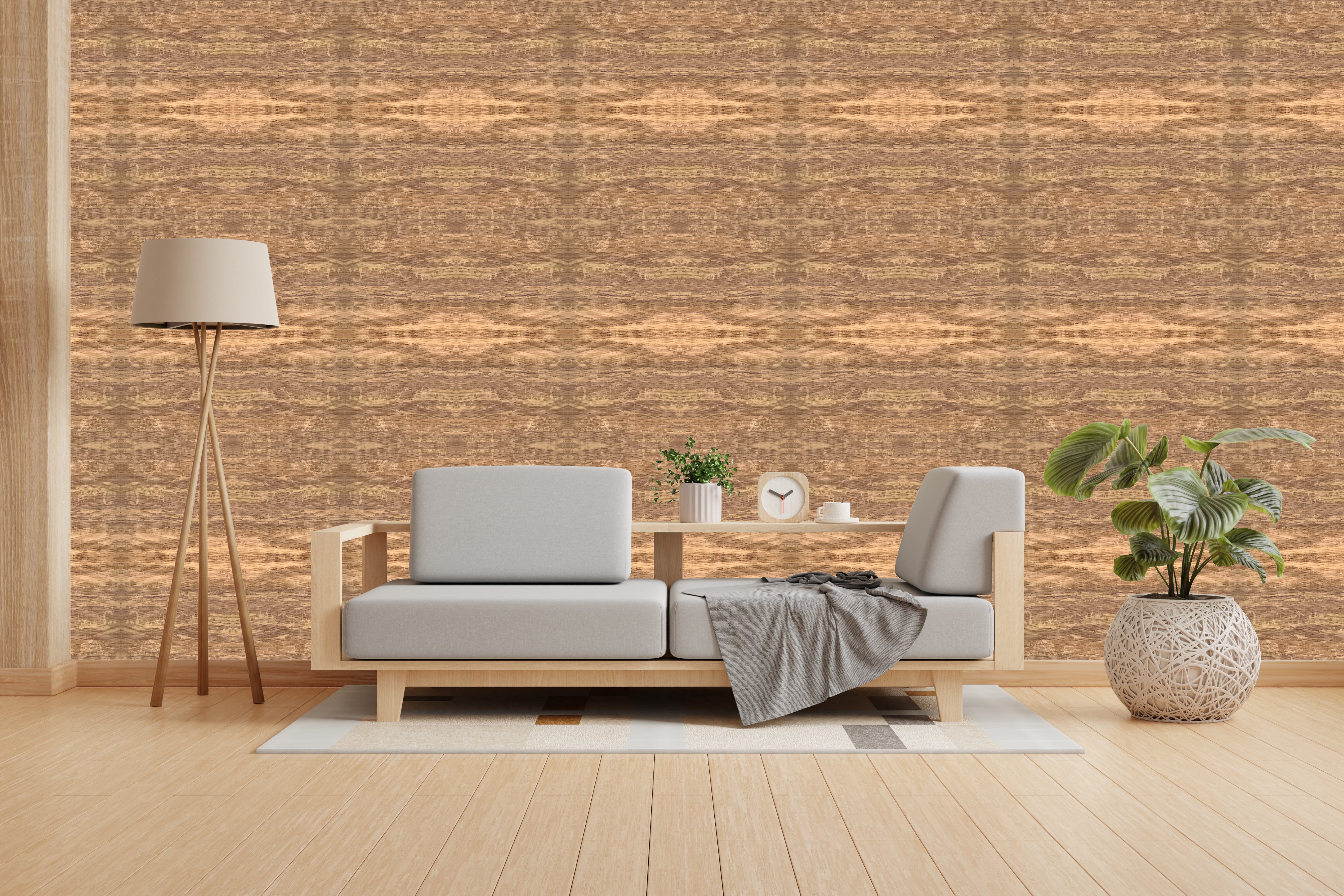 Vishal Wallpapers - The Best Wallpaper Company In India, Modern living room with a wooden wall, gray sofa, and decorative items.
