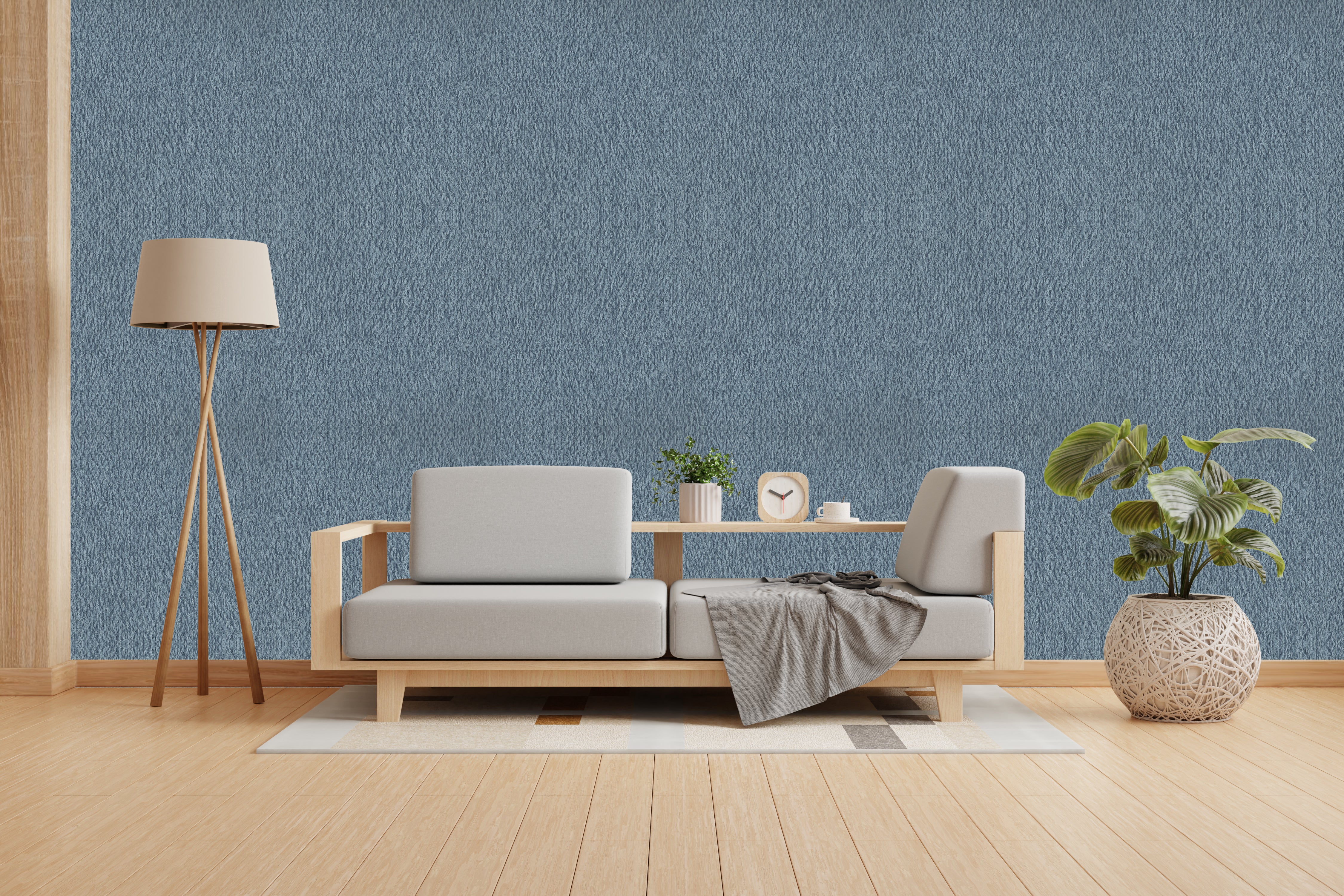 Vishal Wallpapers - The Best Wallpaper Company In India, Modern living room with a gray sofa, wooden floor, and blue wallpaper.