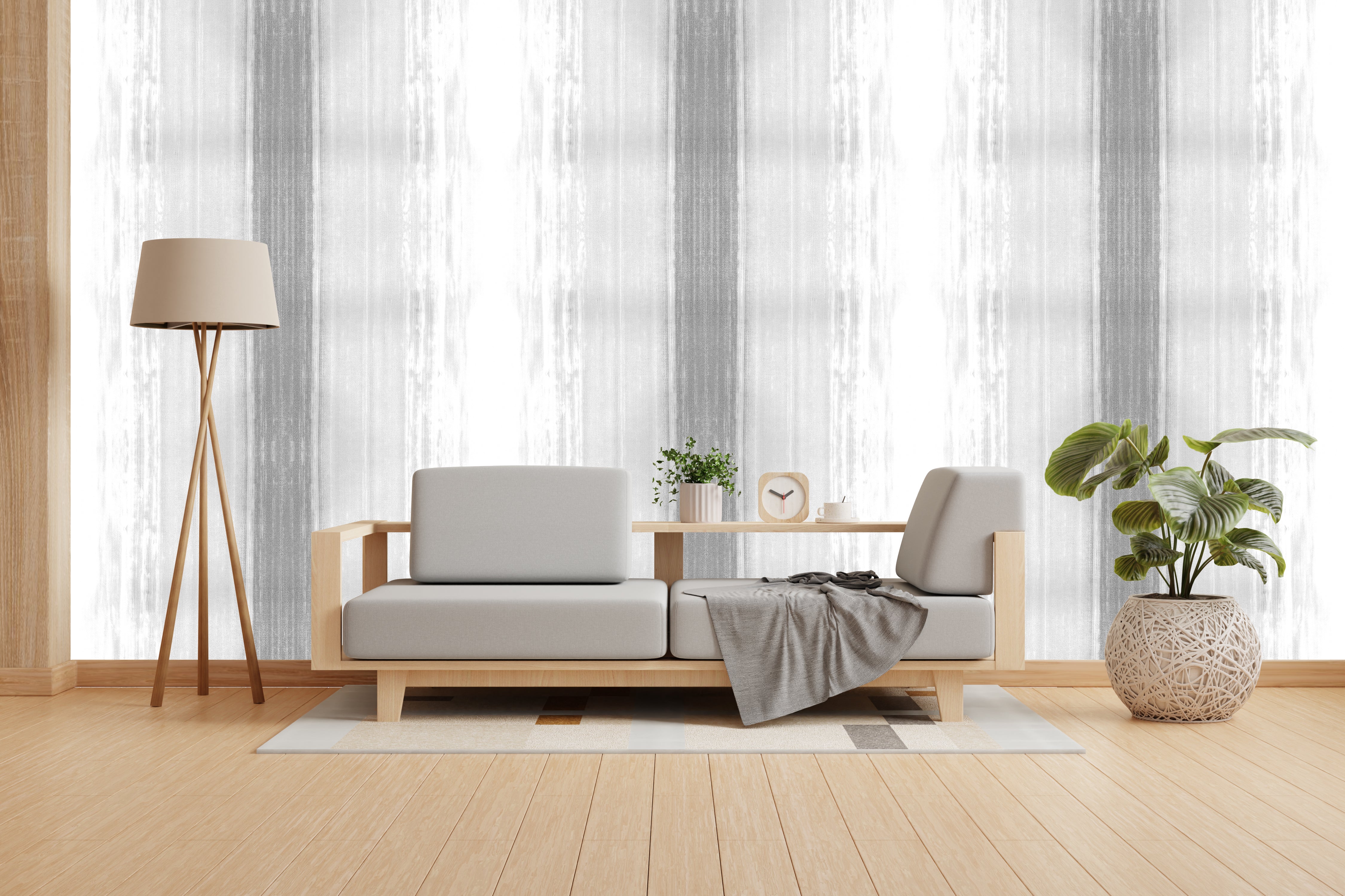 Vishal Wallpapers - The Best Wallpaper Company In India, Modern living room with a wooden sofa, lamp, and plants.
