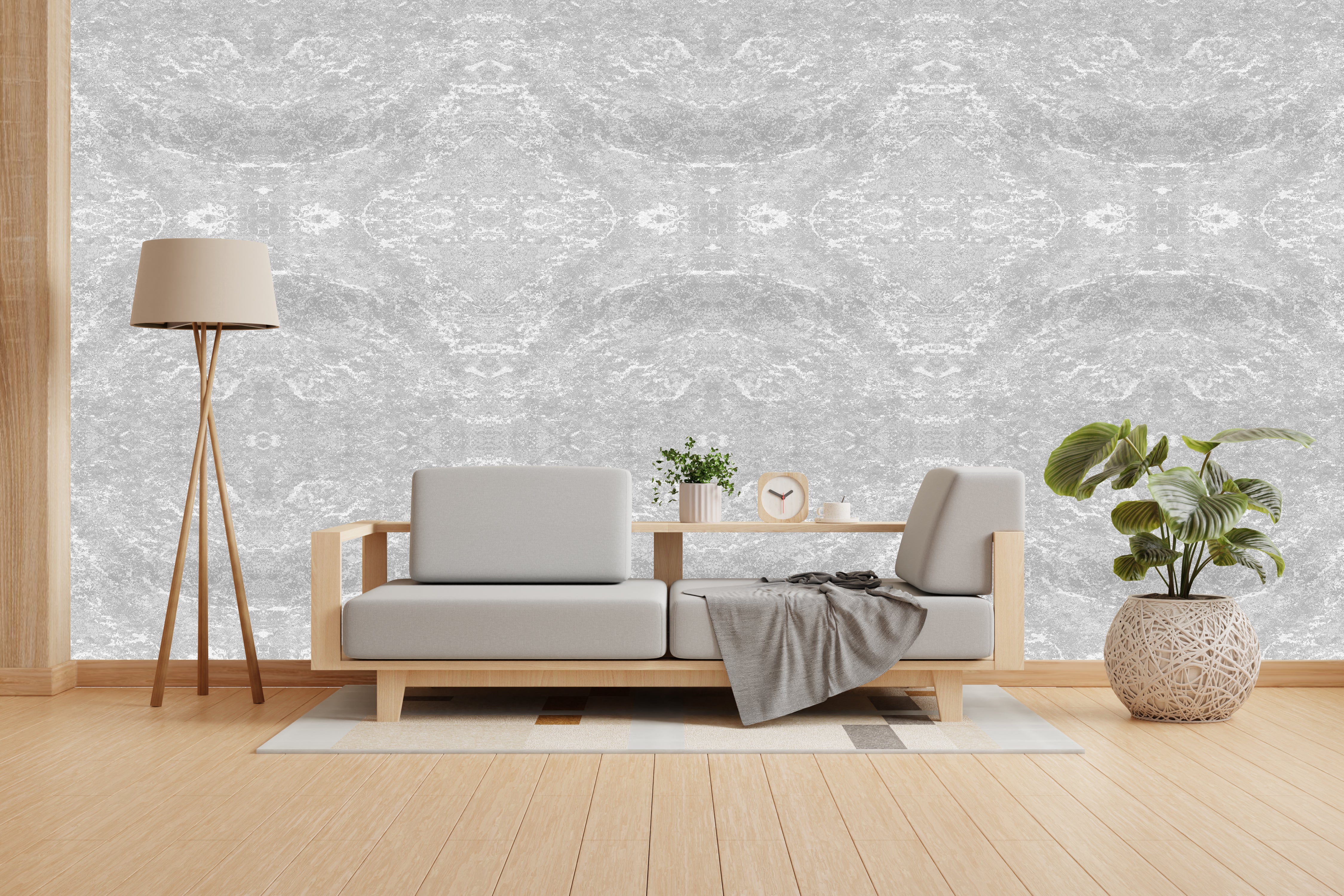 Vishal Wallpapers - The Best Wallpaper Company In India, Modern living room with a gray sofa, wooden coffee table, and decorative elements.
