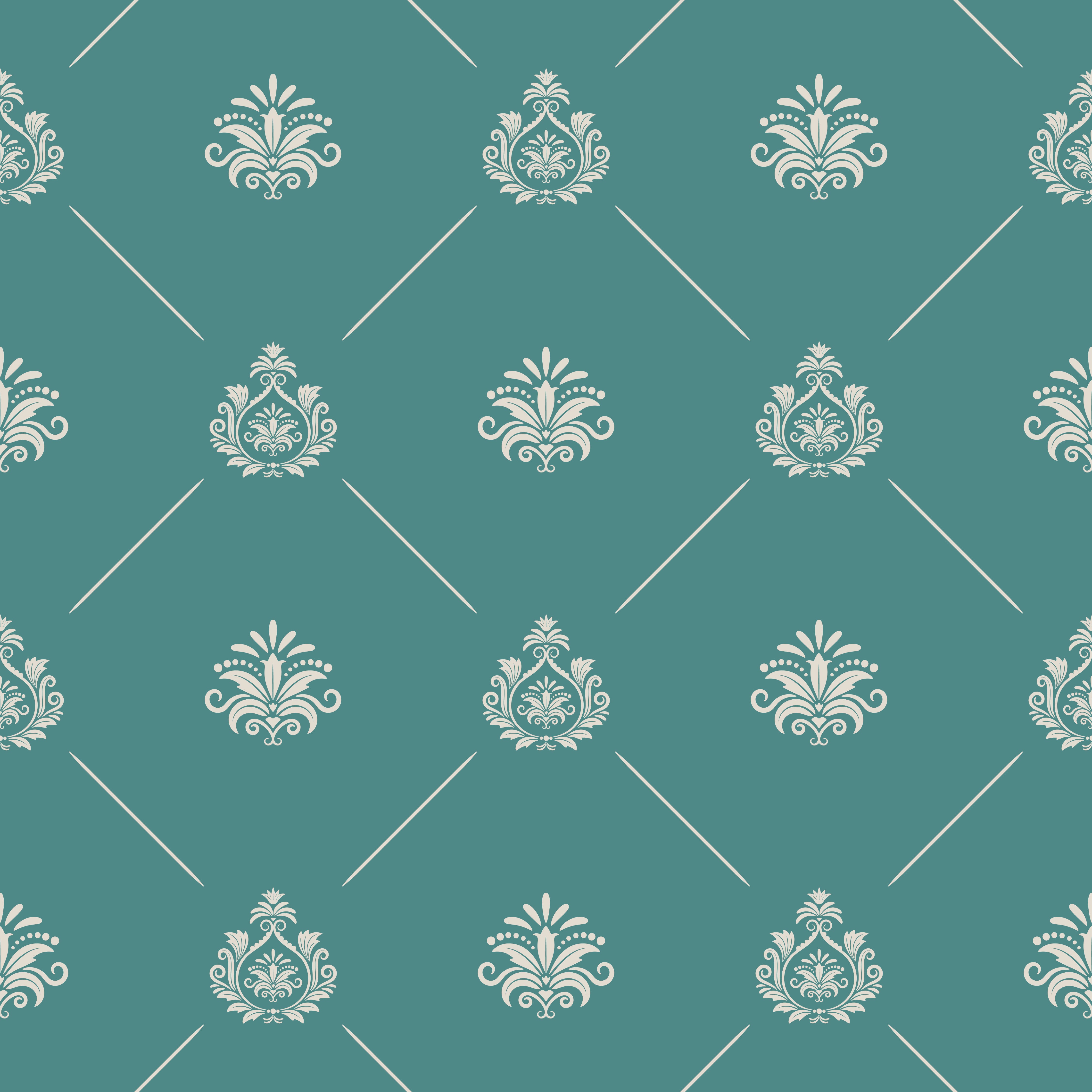 Elegant Royal Damask Seamless Pattern - White Ornate Design on Teal