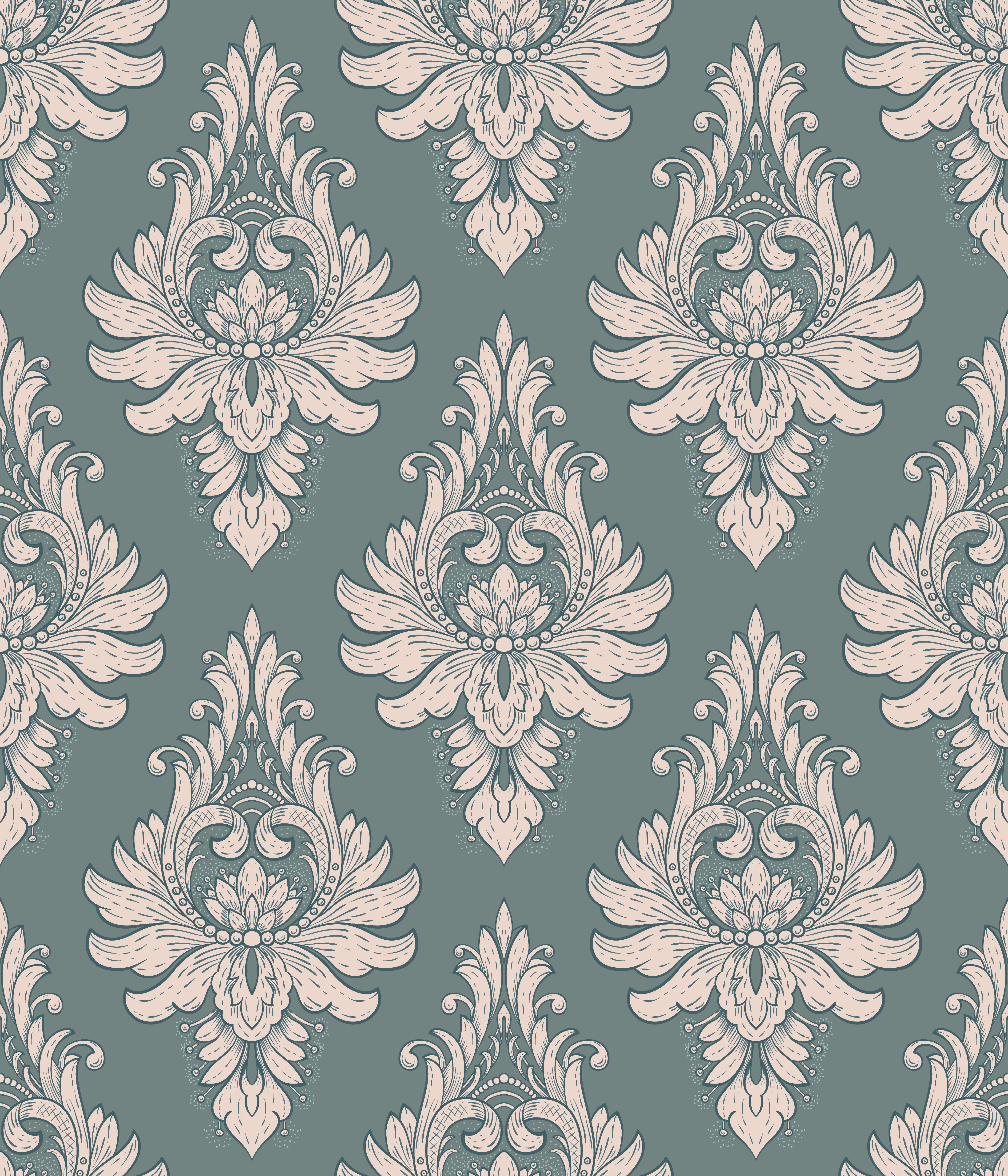 Elegant Damask Seamless Pattern - Light Pink Ornate Design on Grey-Green