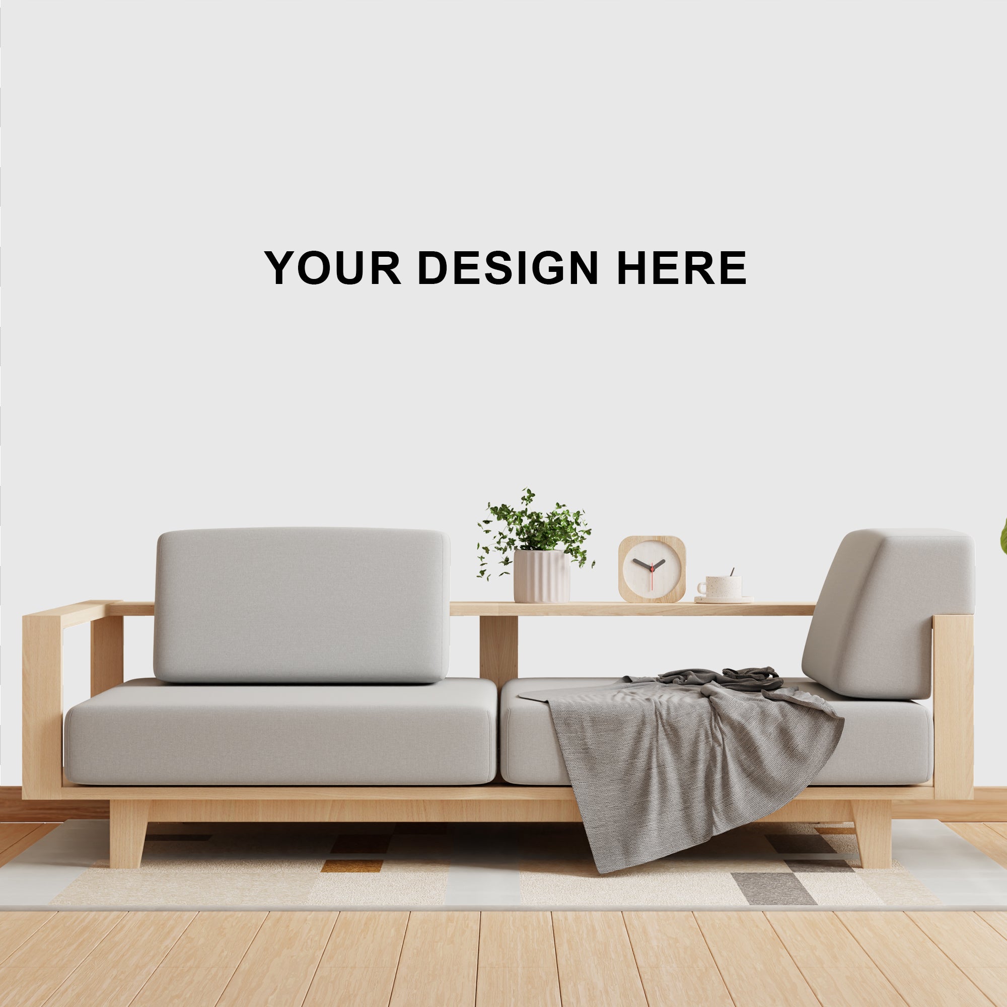 Modern wooden sofa with light gray cushions in a minimalistic living room setting.