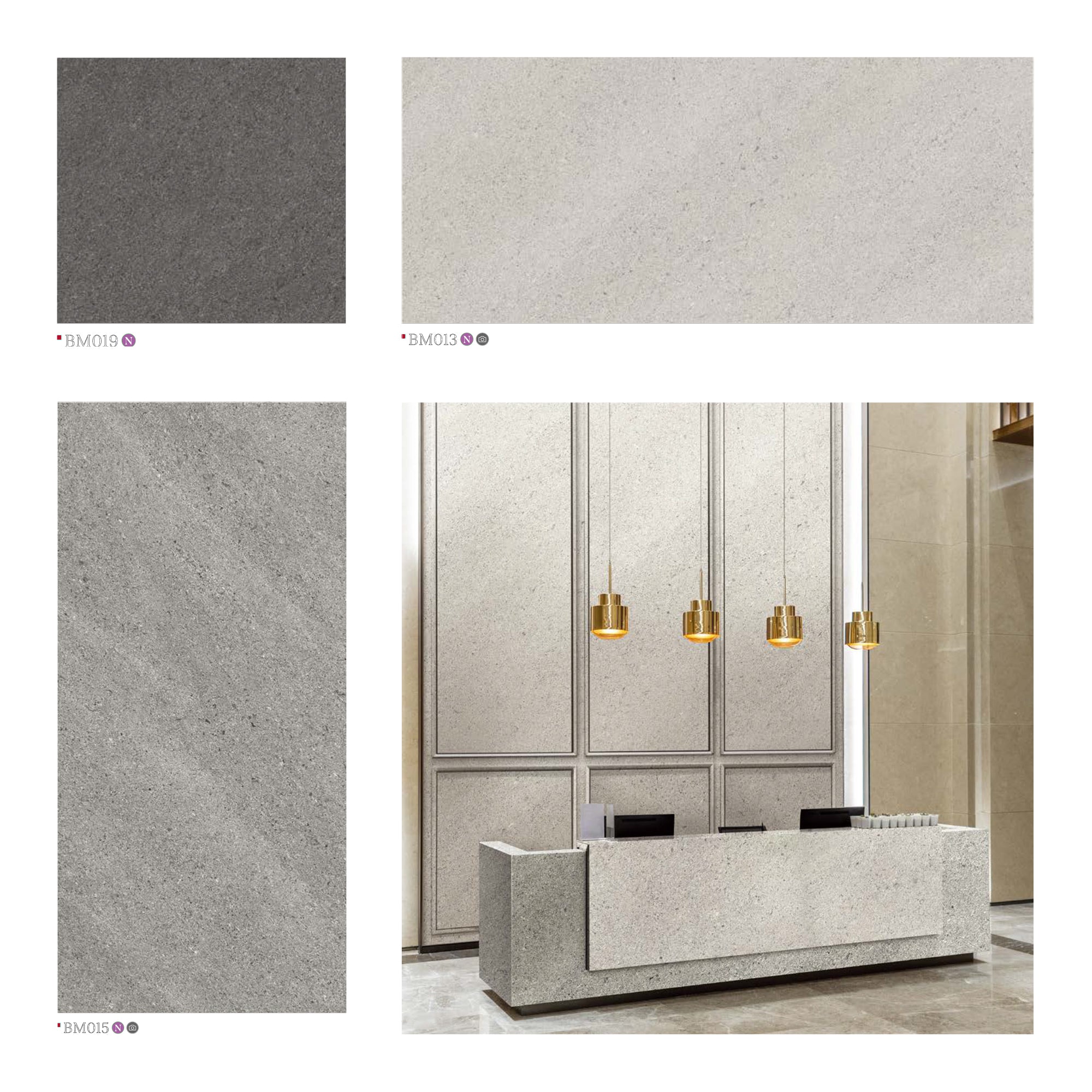 Modern Grey Reception Desk with Matching Stone-Look Walls & Gold Pendant Lights