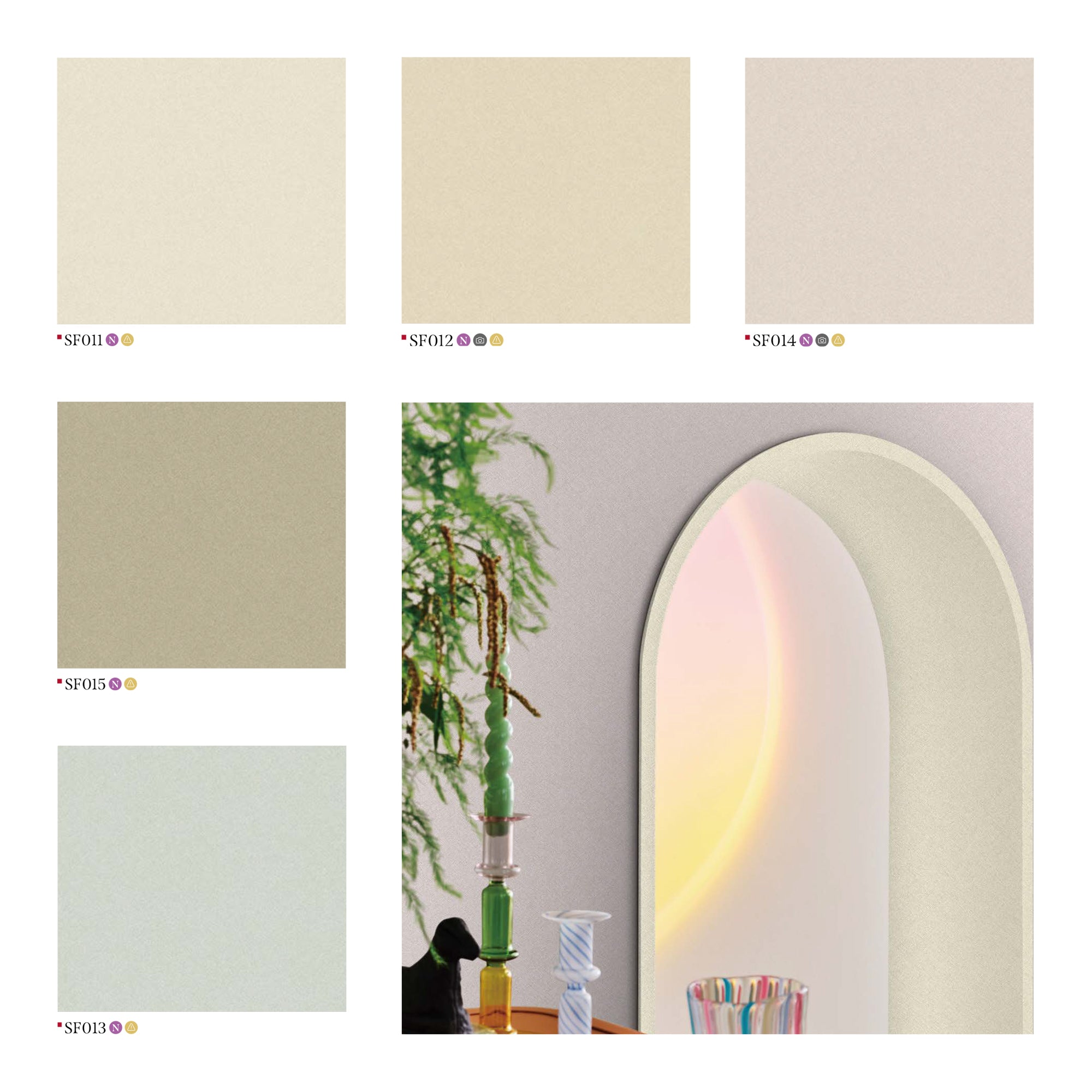 Contemporary interior with arched mirror & plant, showcasing various soft neutral film finishes.