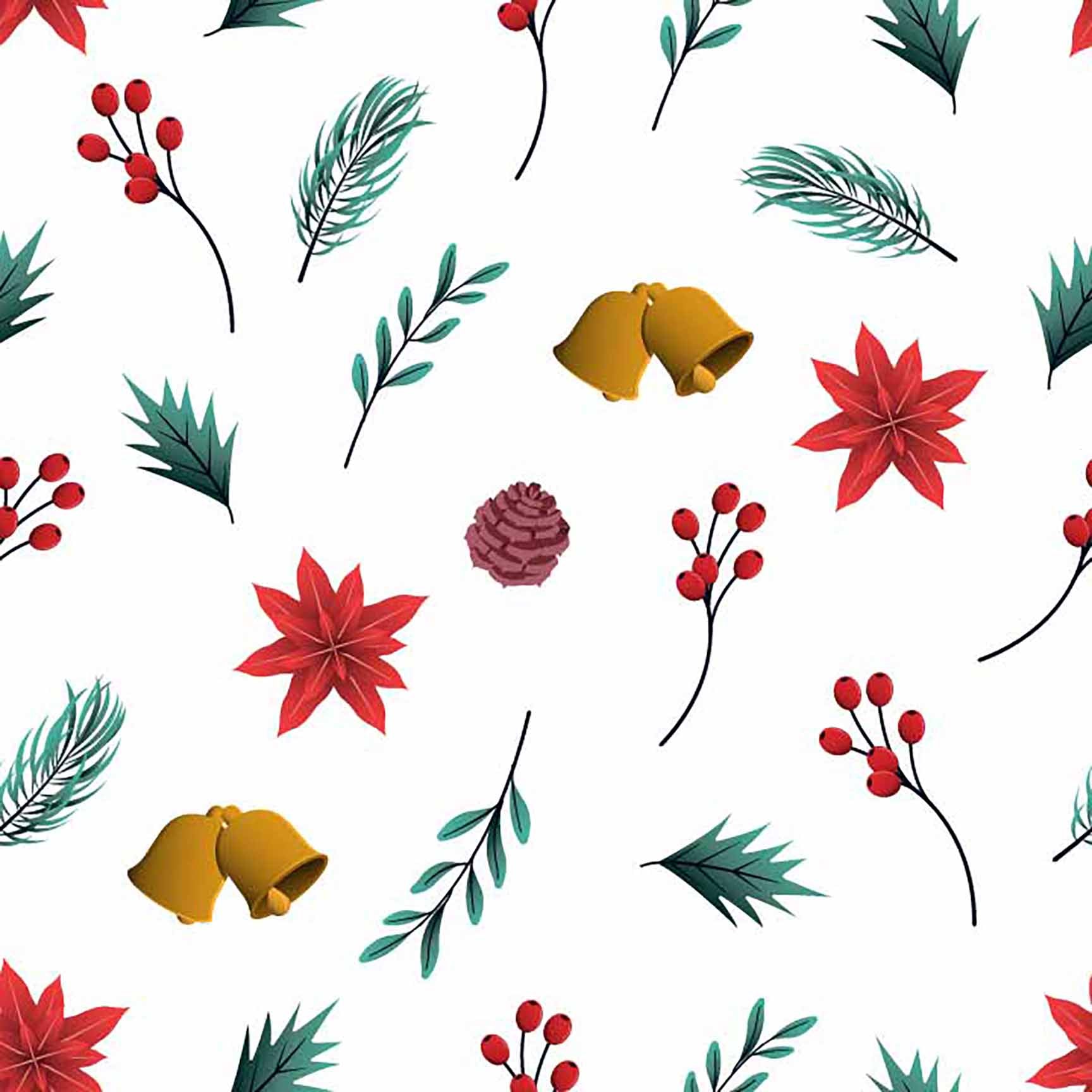 Christmas Holly & Bell Seamless Pattern - Festive Winter Foliage & Pinecone Design.