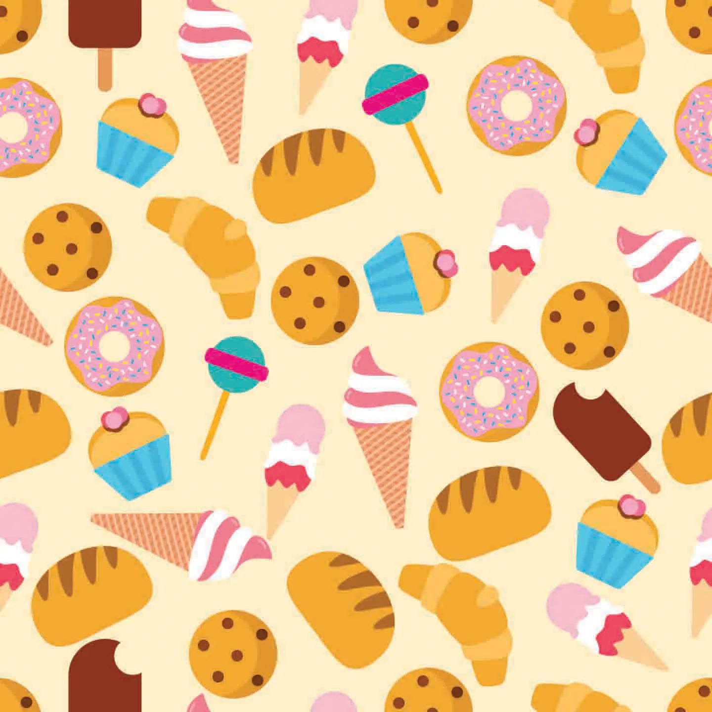 Pattern of various colorful pastries and ice cream cones on a yellow background