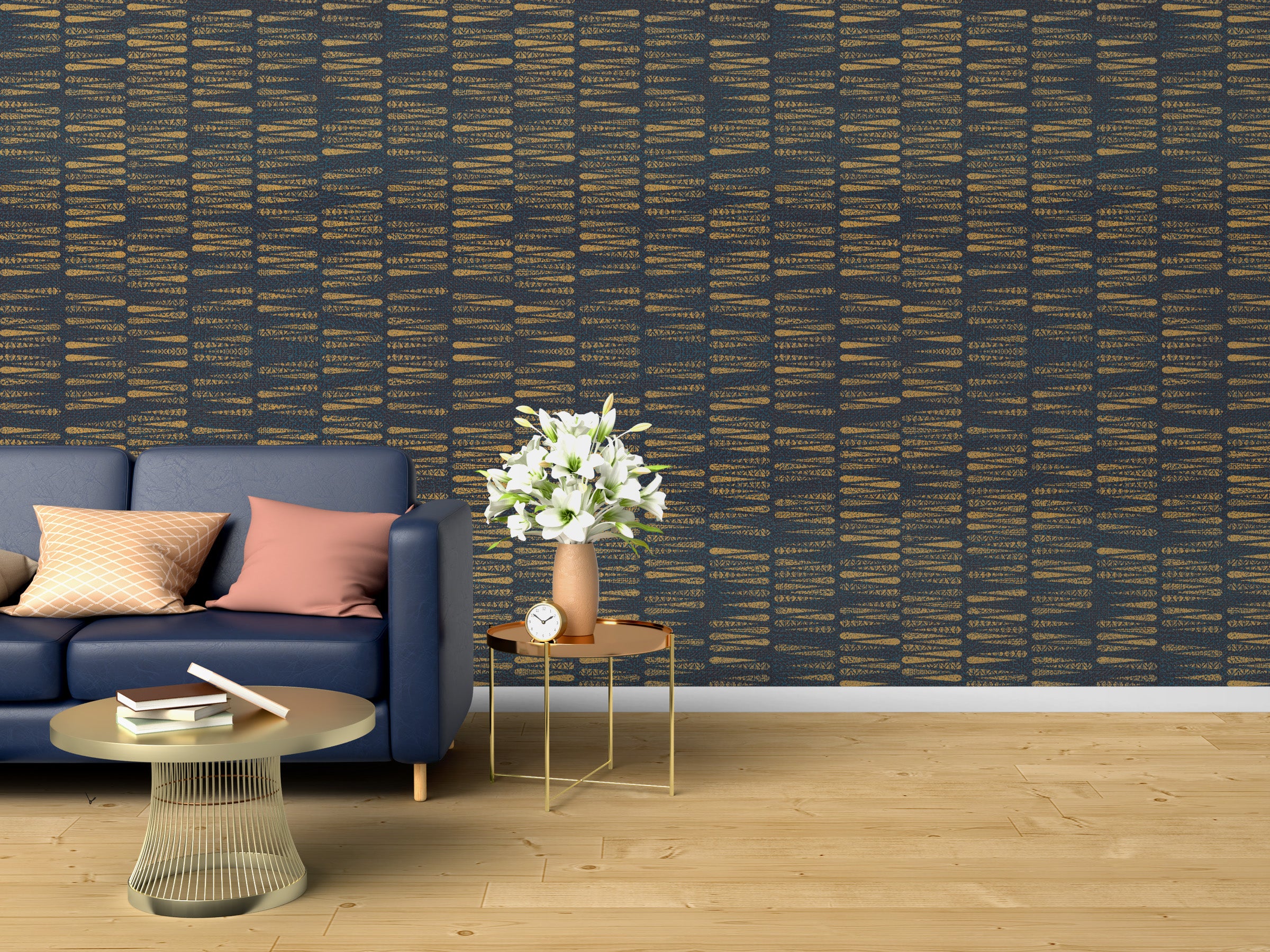 Gold Abstract Dash Pattern on Navy Wallpaper