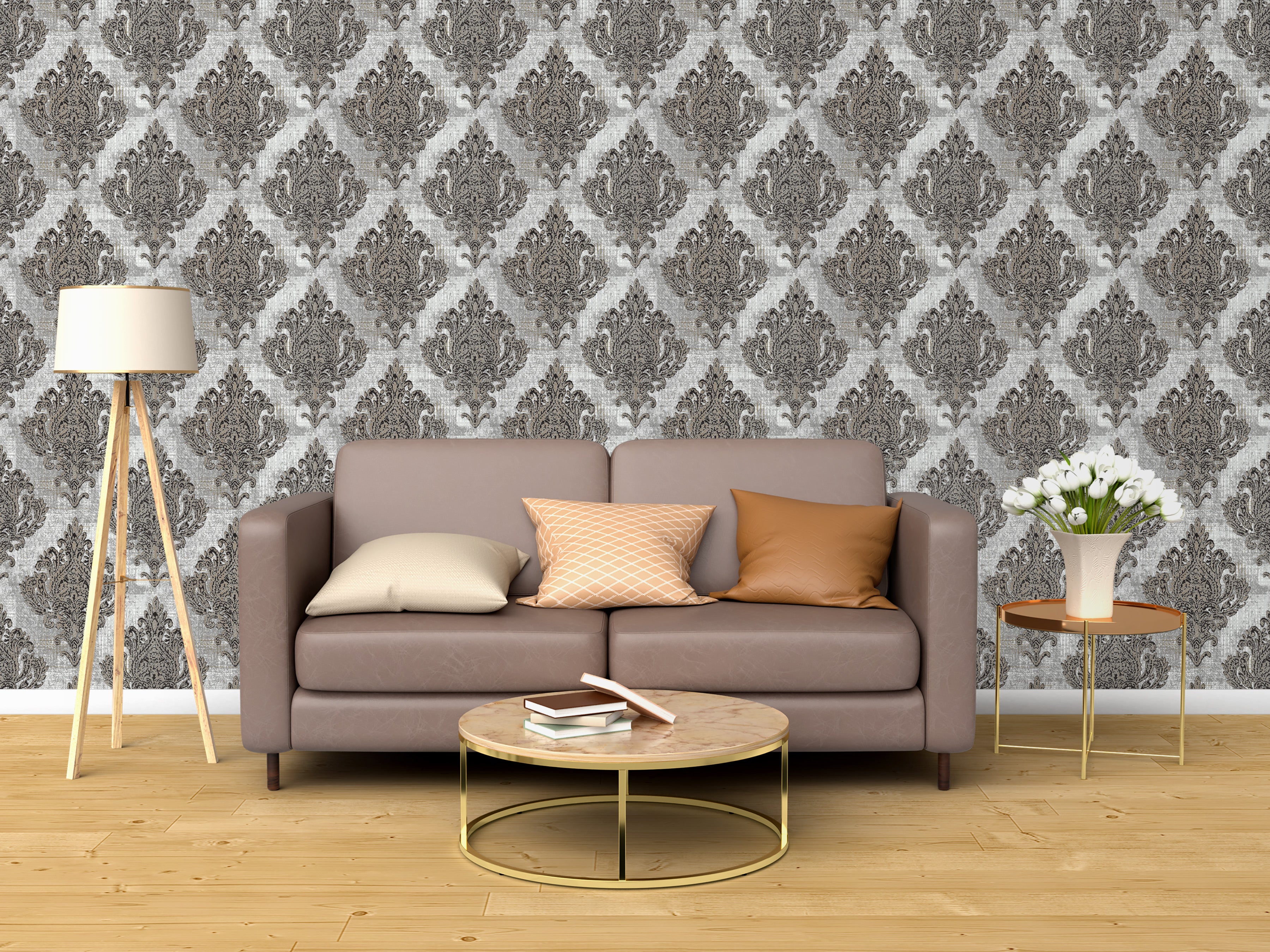Classic Grey & Gold Damask Wallpaper