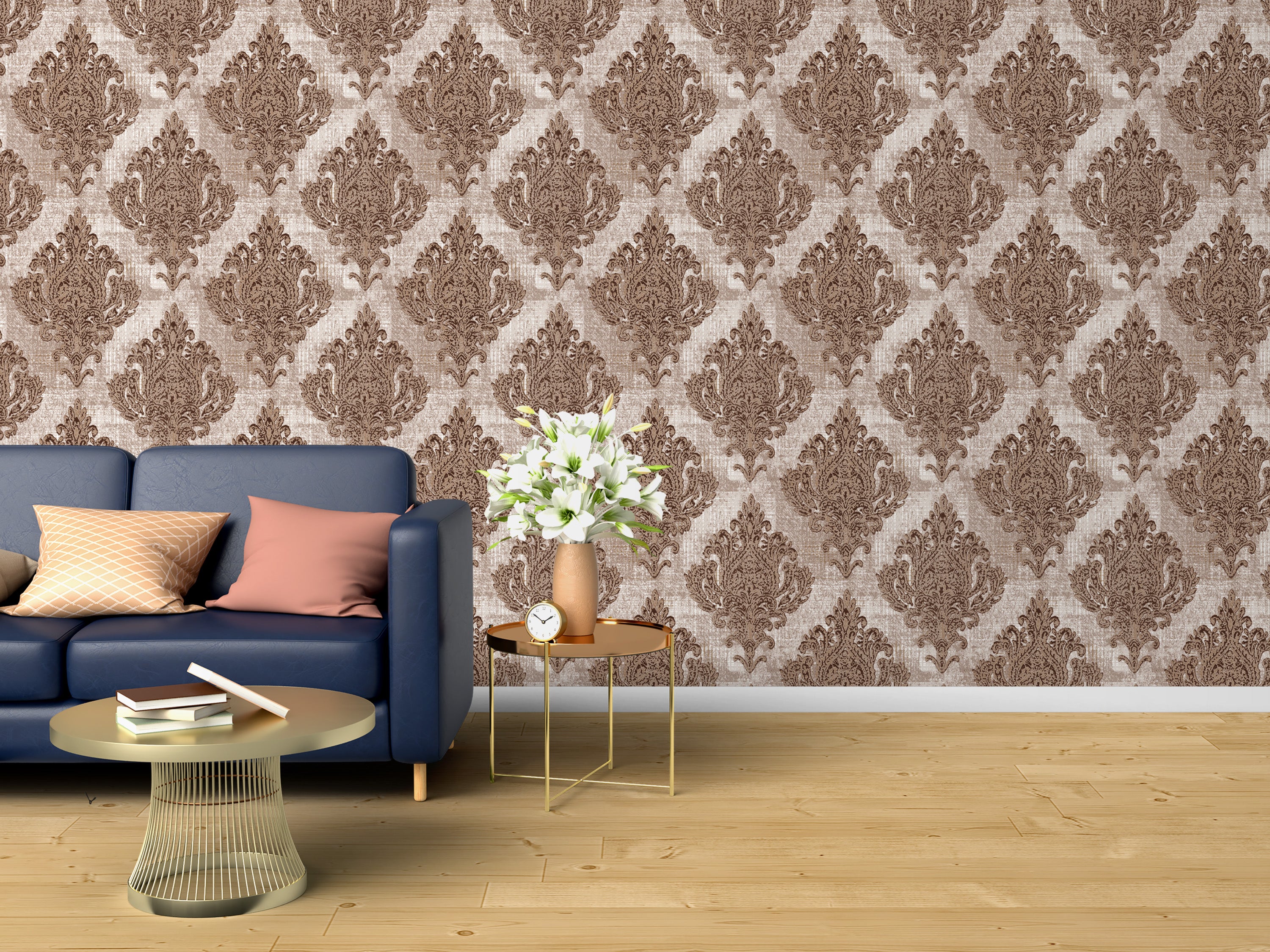 Brown & Gold Damask Pattern Wallpaper