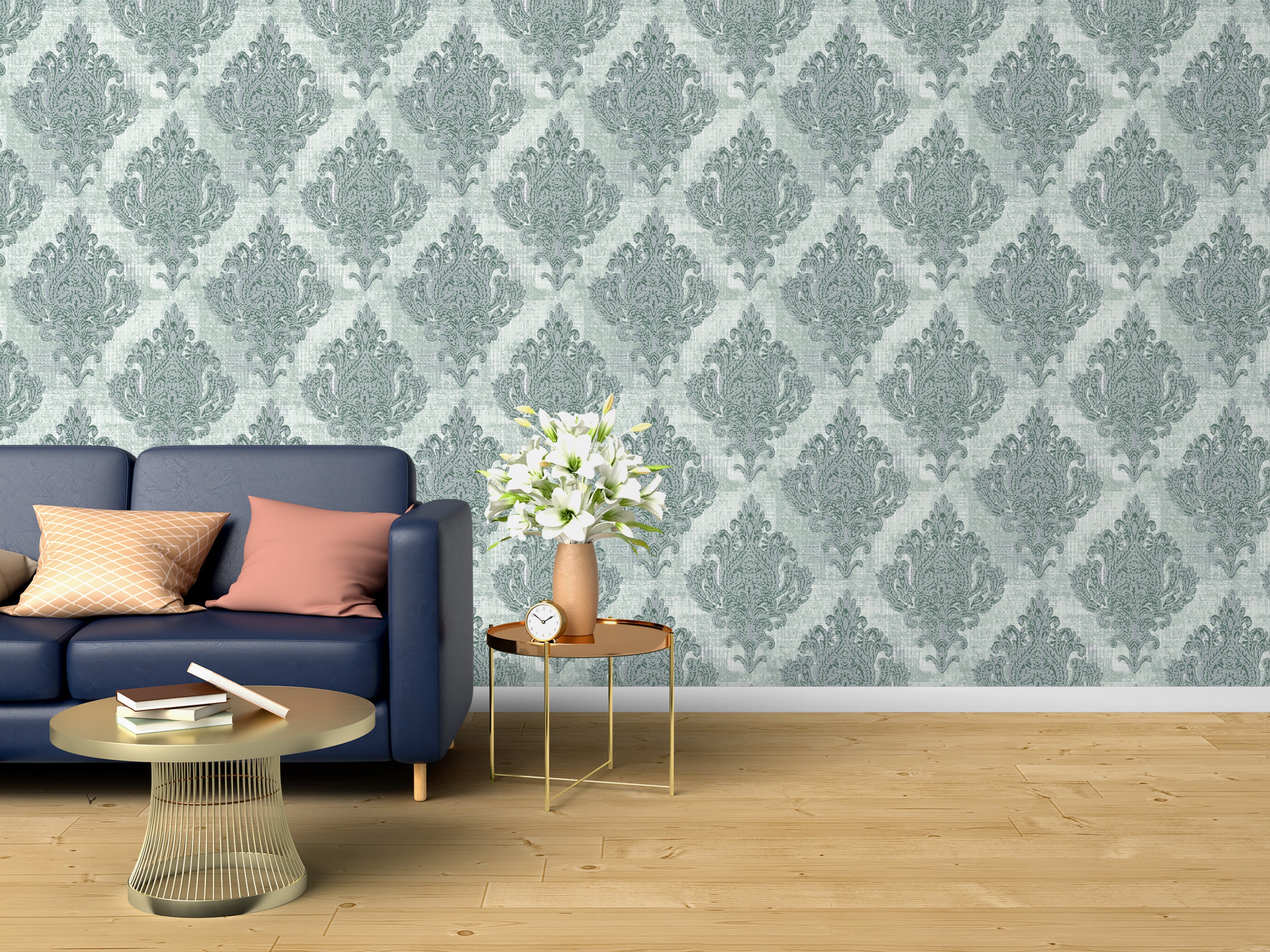 Blue-Green Damask Pattern Wallpaper