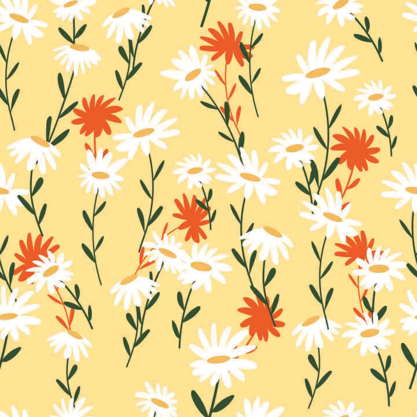 Floral pattern with white and orange flowers on a yellow background