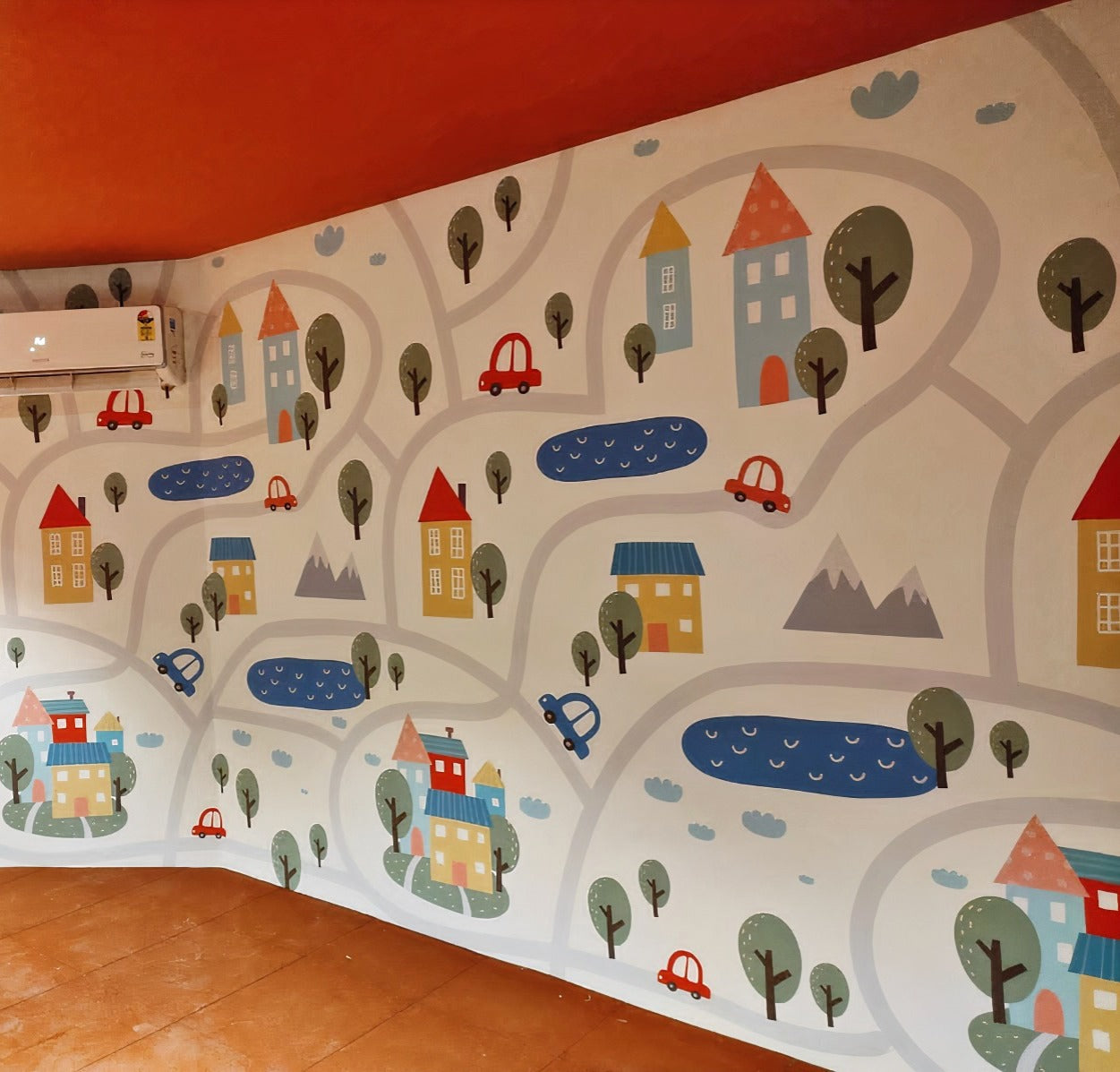 Childhood Village Map and Airport Signage Wallpaper - Playful Townscape, Directional Decals for Kids' Rooms or Commercial Spaces