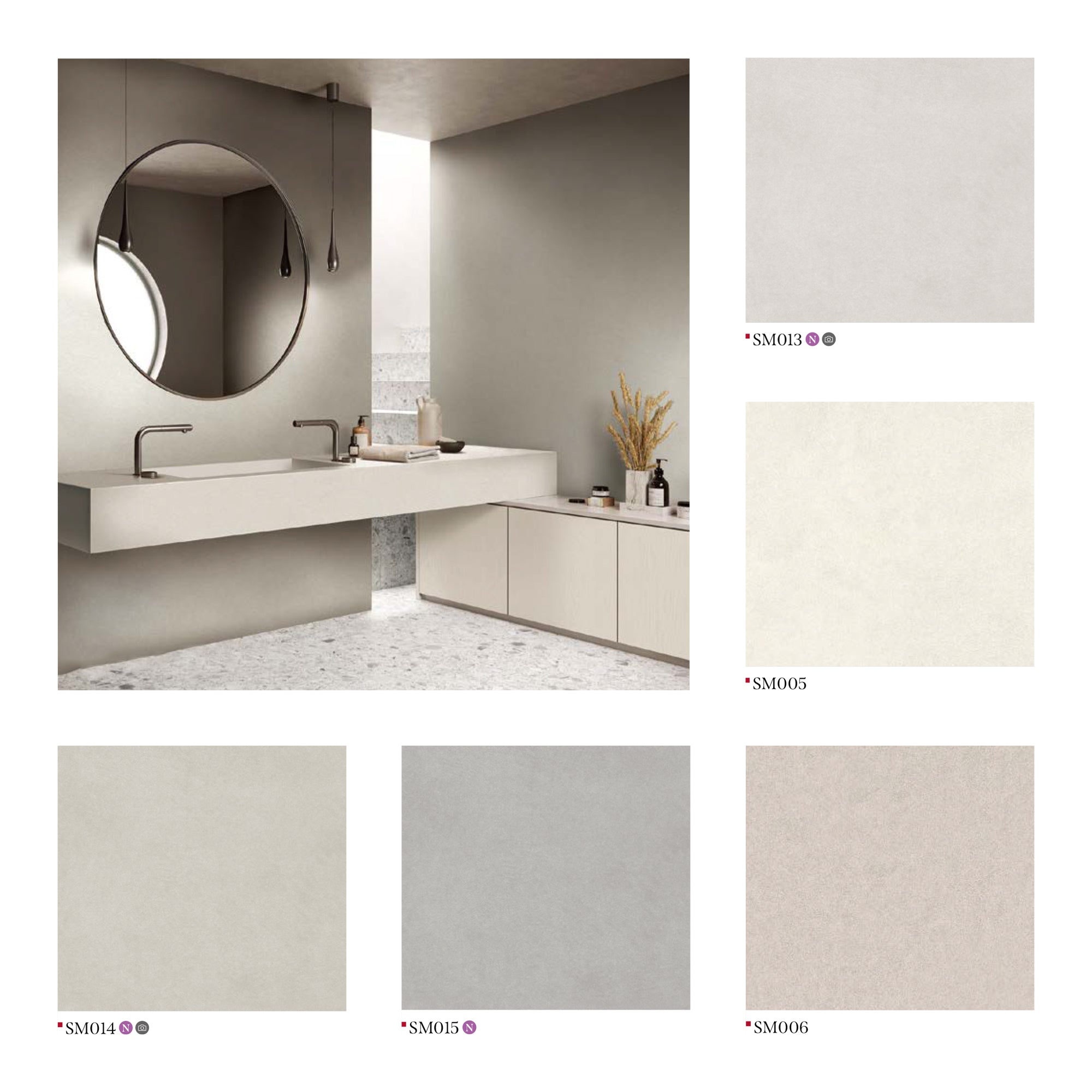 Sleek Bathroom Vanity with White Countertop & Round Mirror, showcasing Modern Neutral Tiles