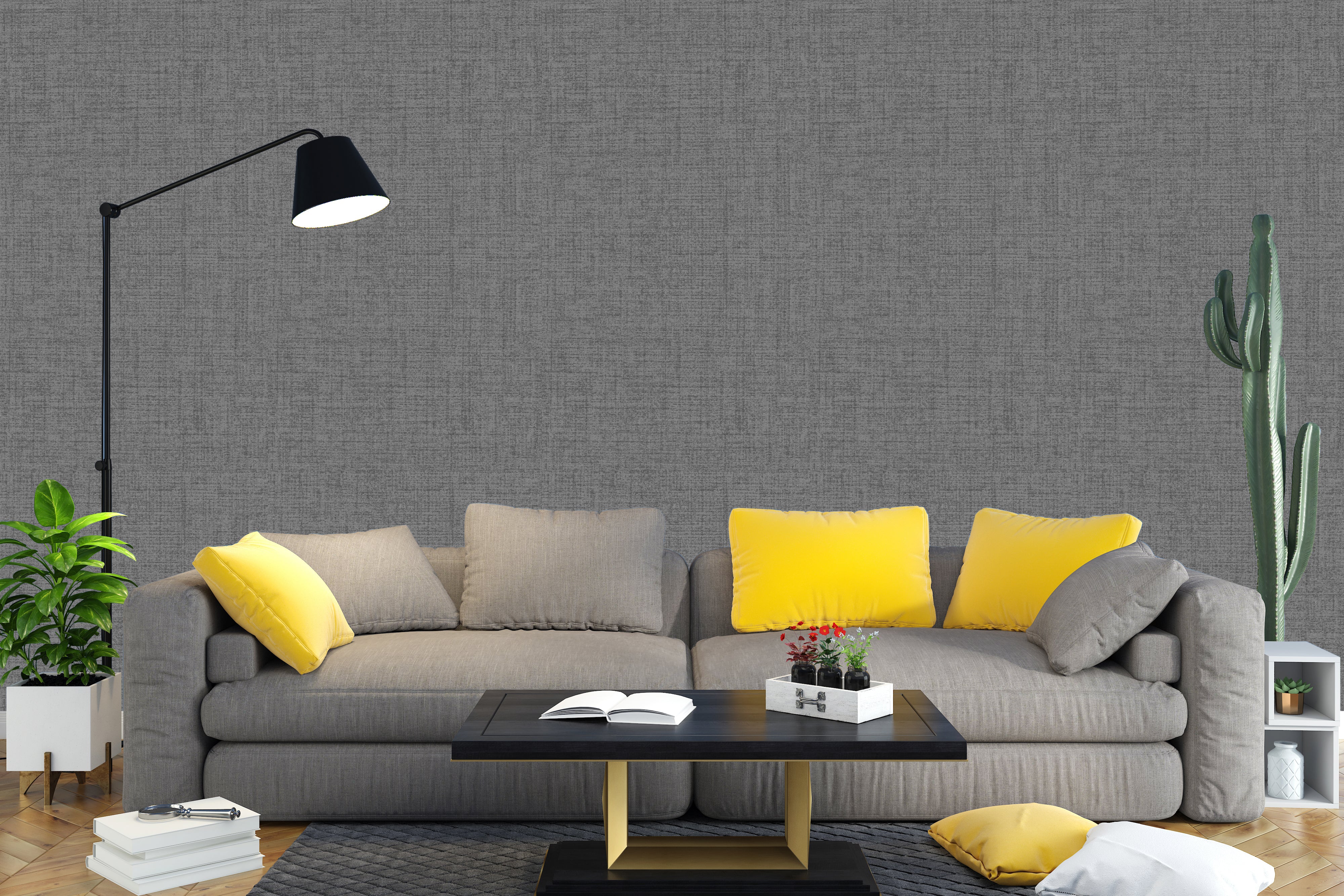 Plain Grey Textured Fabric Wallpaper for Living Room