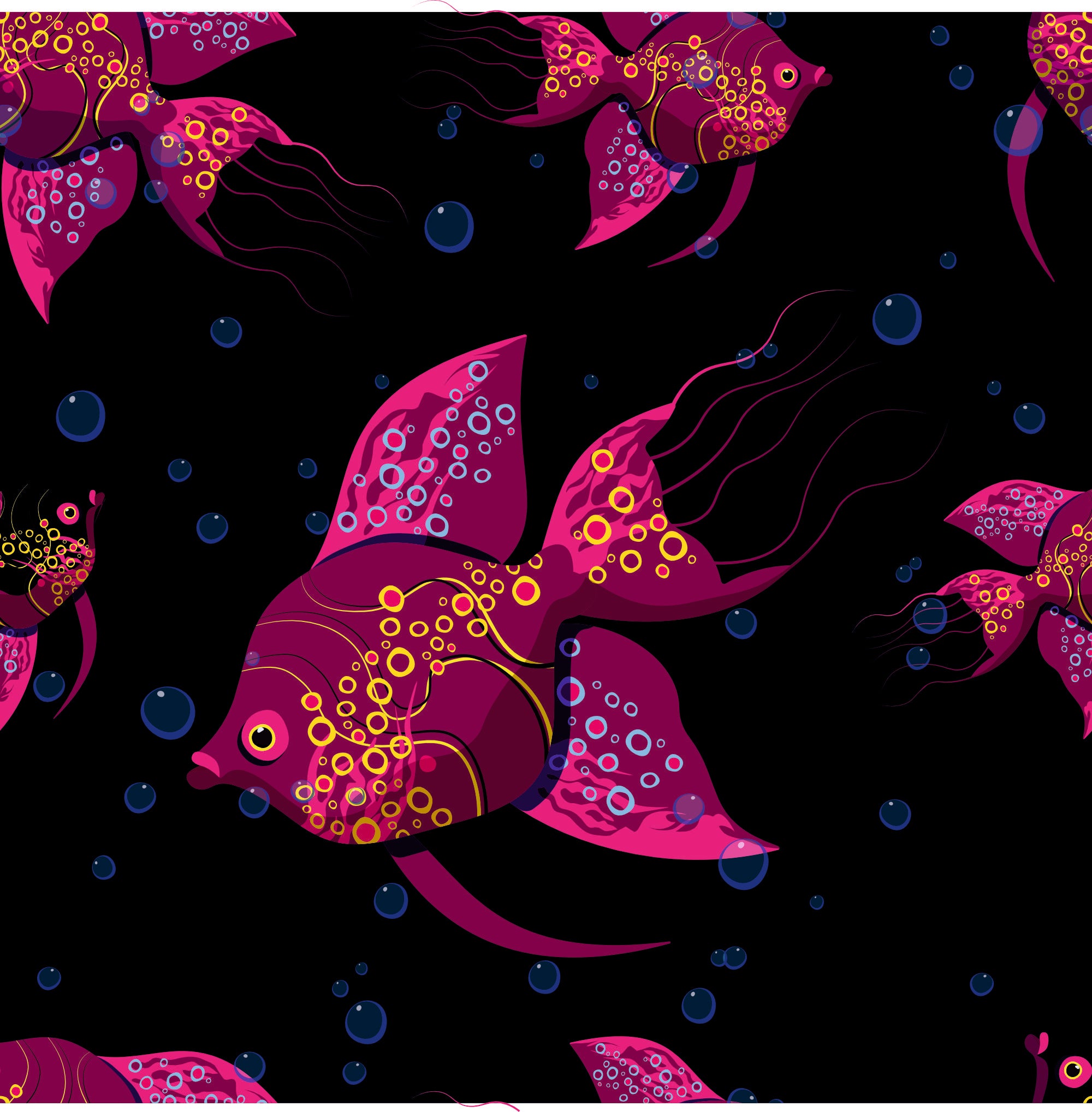The Floral Wallpaper - Vibrant Pink & Yellow Fish Seamless Pattern - Abstract Aquatic Design on Dark Background