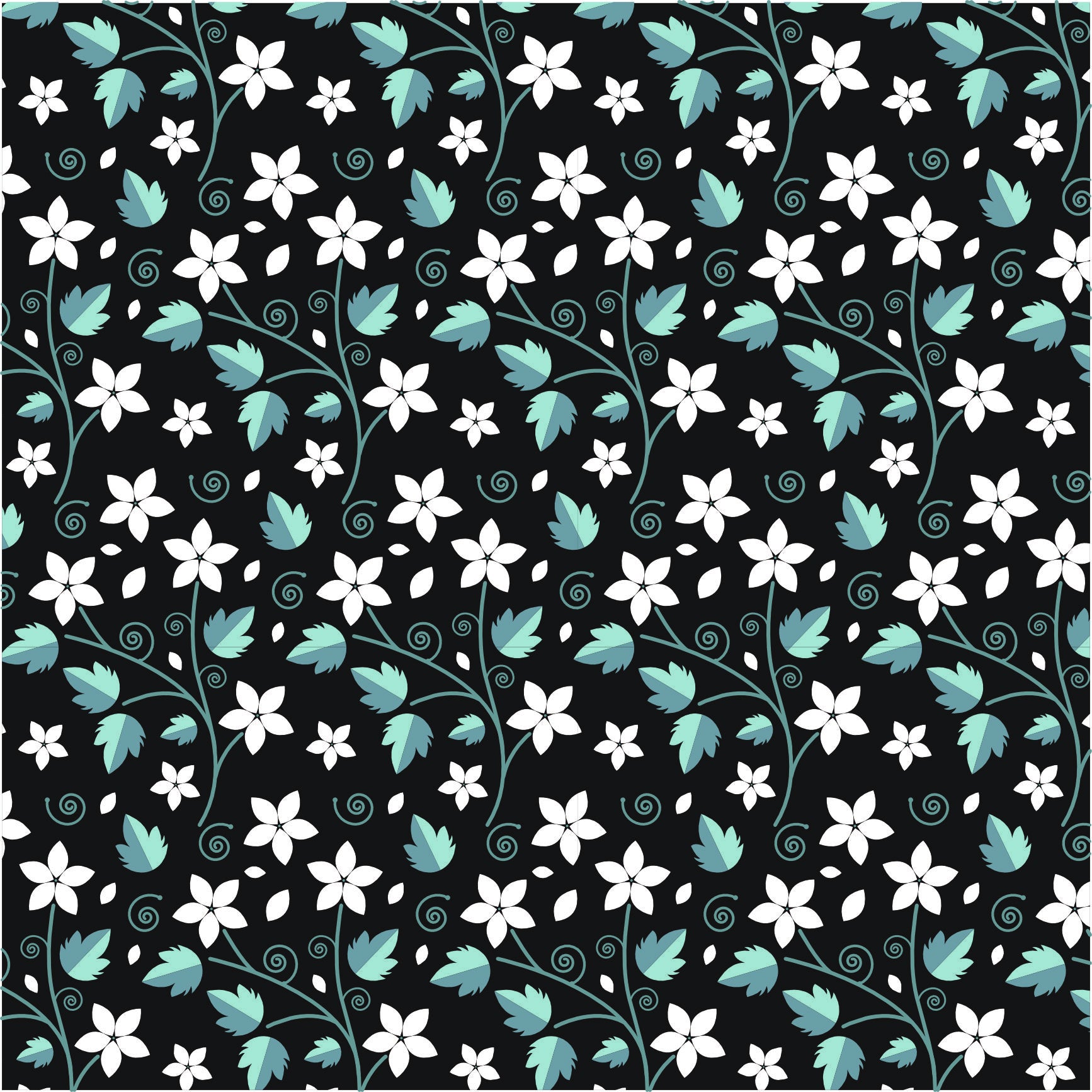 The Floral Wallpaper - Whimsical White Floral & Vine Seamless Pattern - Teal Leaves on Dark Grey