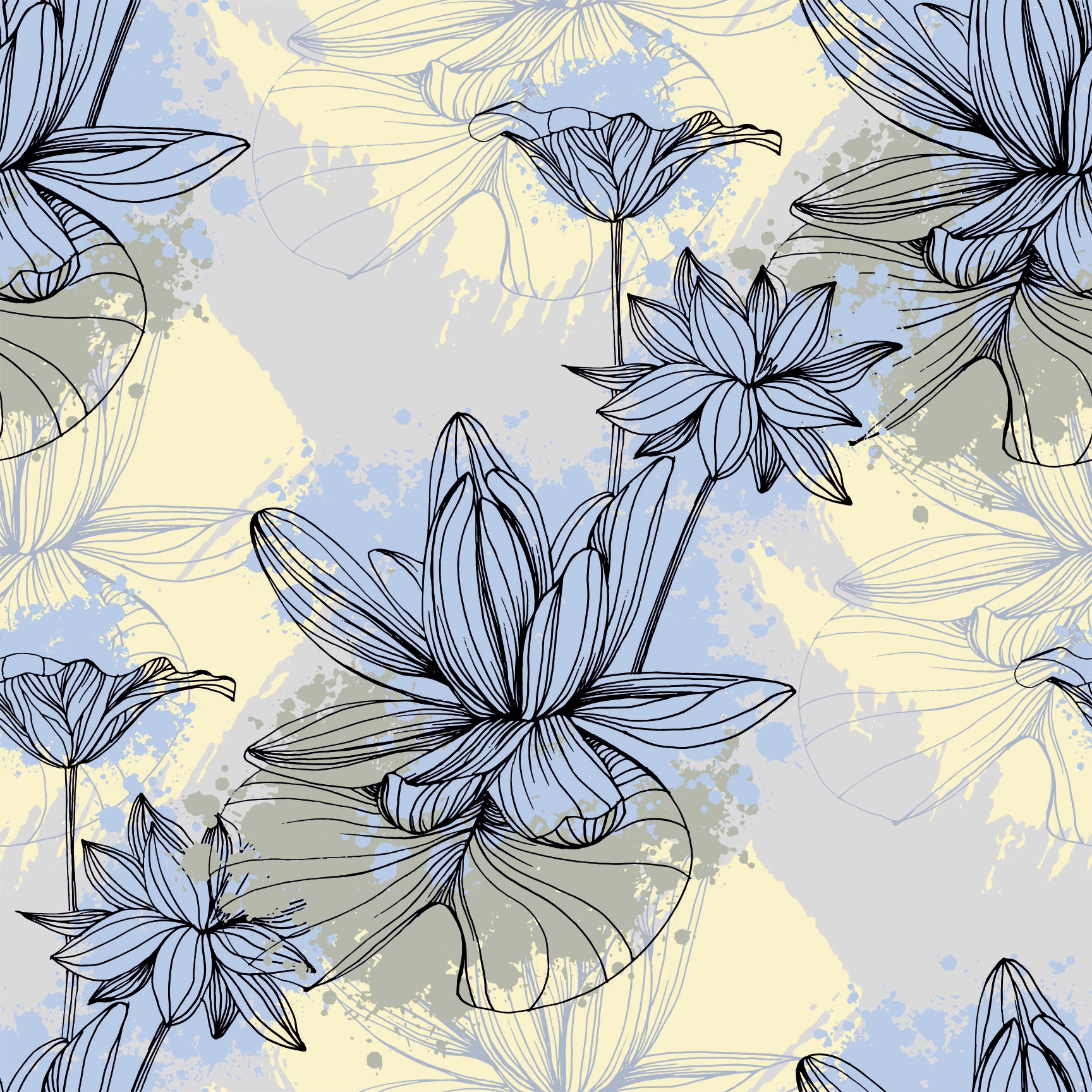 The Floral Wallpaper - Elegant Line Art Lotus Flowers Seamless Pattern - Serene Botanical Design with Watercolor Accents
