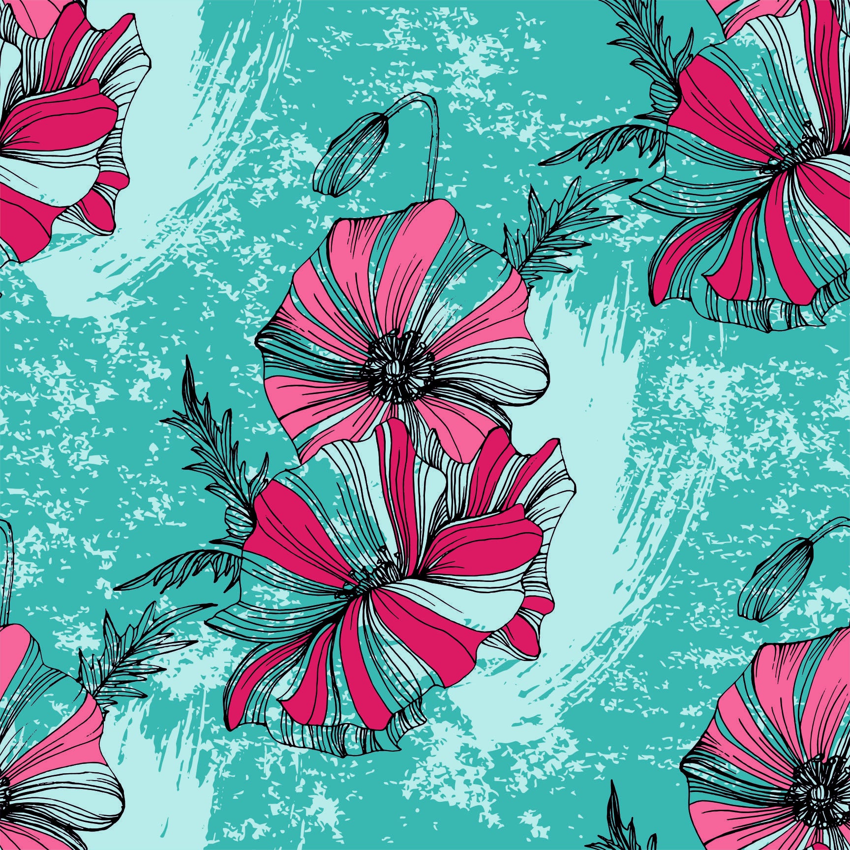 The Floral Wallpaper - Striking Pink & Teal Floral Seamless Pattern - Abstract Hand-drawn Poppies with Grunge Texture