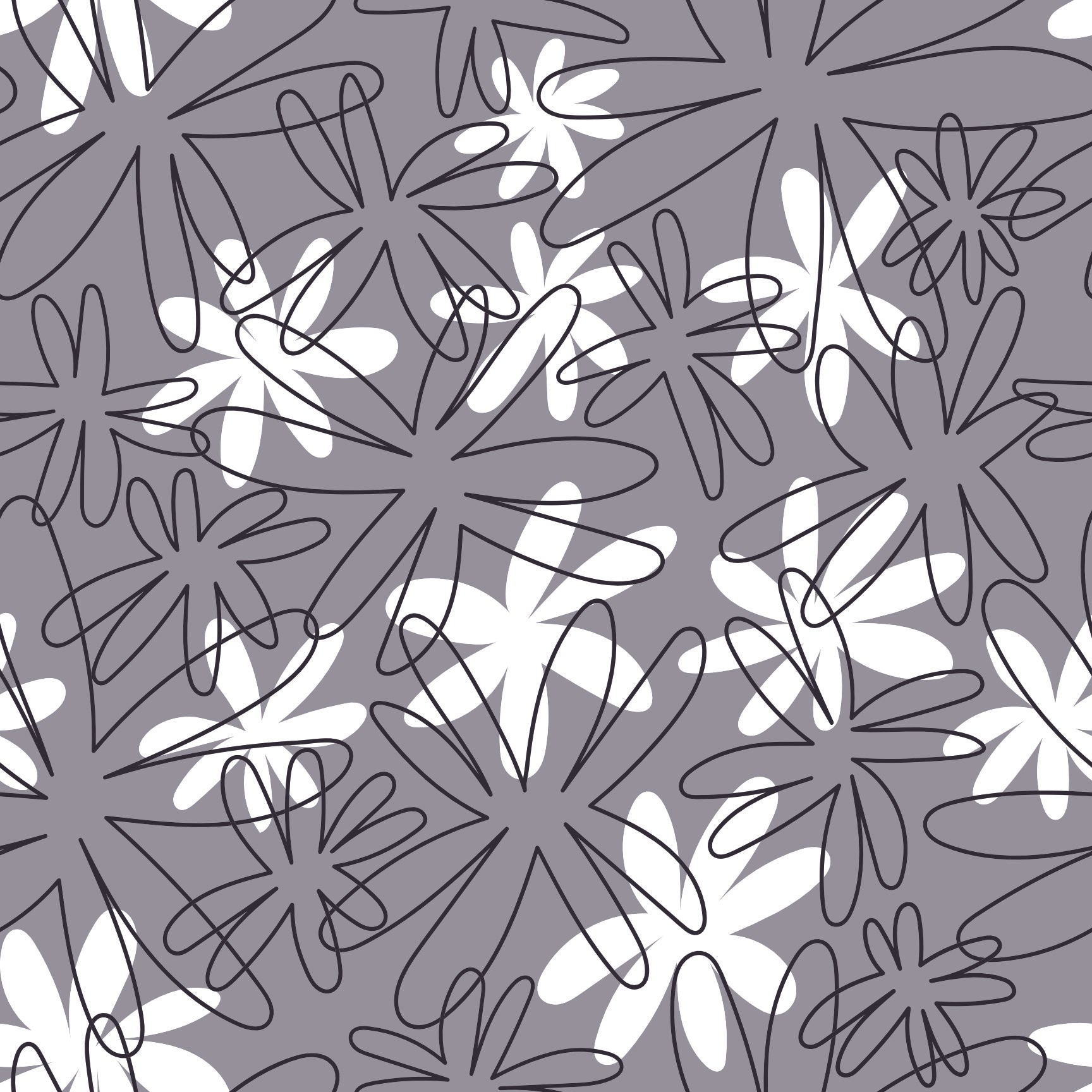 The Floral Wallpaper - Abstract Cartoon Floral Seamless Pattern - White & Grey Outline Flowers