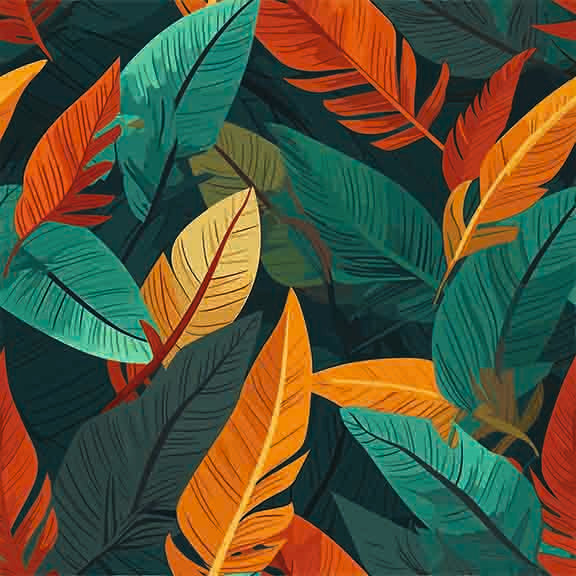 Vibrant Tropical Leaves Seamless Pattern - Orange, Teal & Green Botanical Design