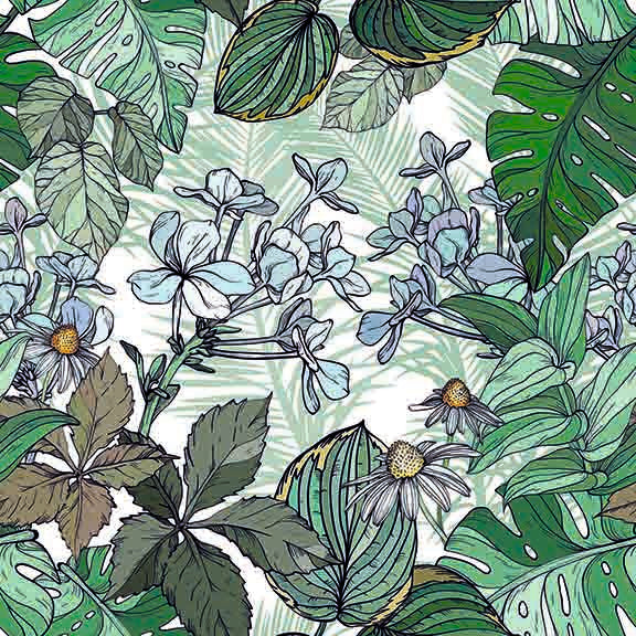 Lush Tropical Foliage & Flowers Seamless Pattern - Green Leaves & Blue Blooms