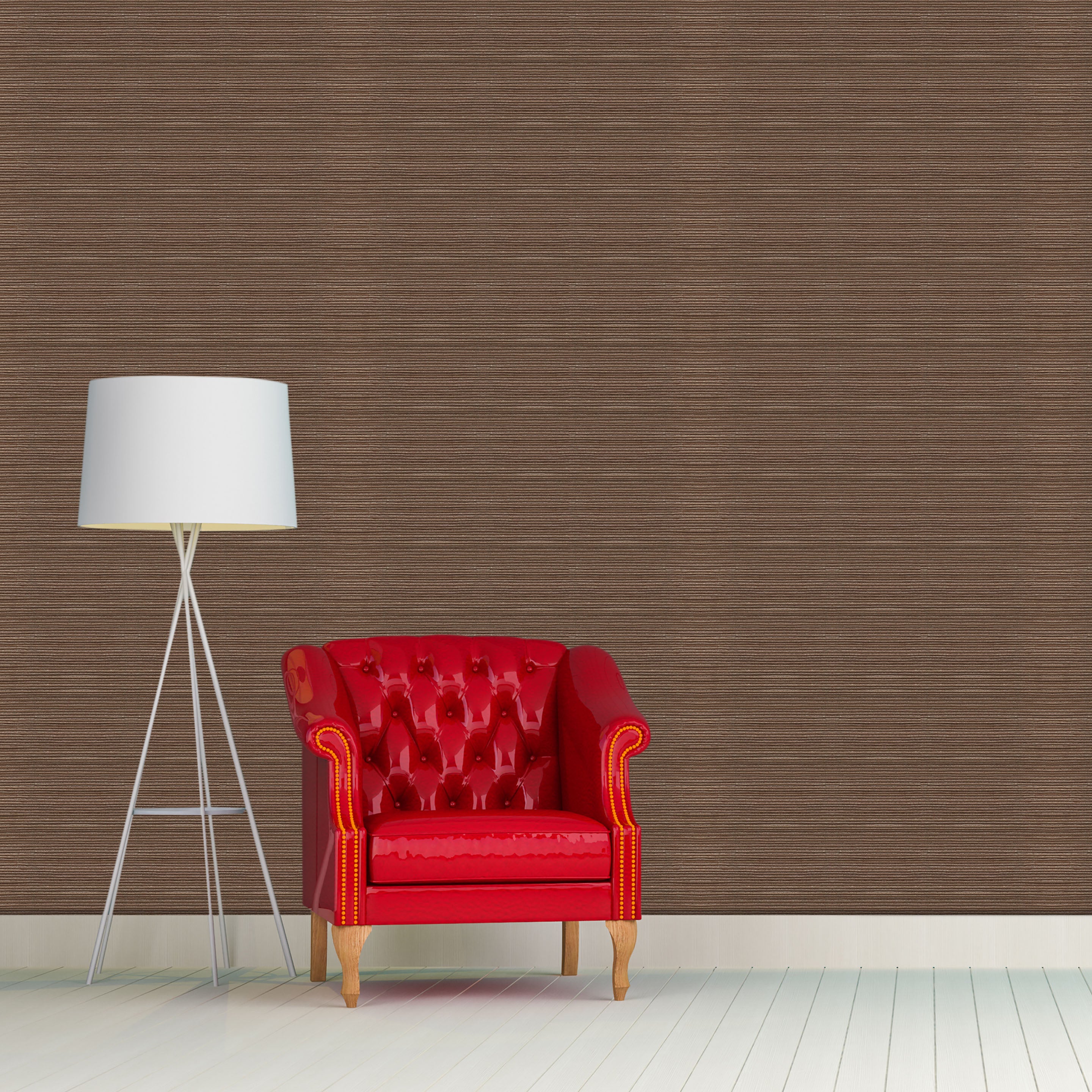 Stylish Red Armchair with White Lamp against a Textured Brown Wall and White Floorboards