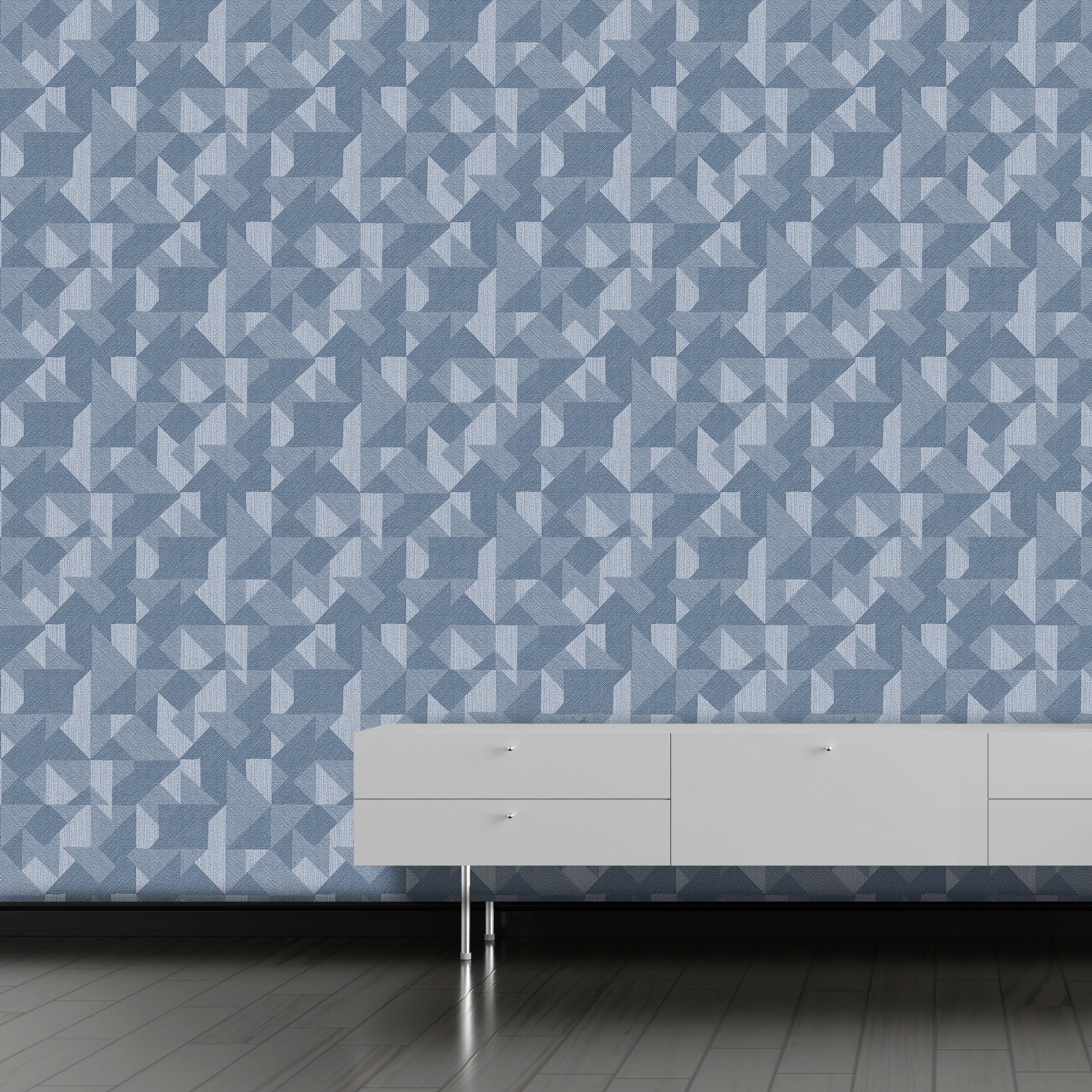 A Modern Console Table with a White Top and Blue Geometric Wall