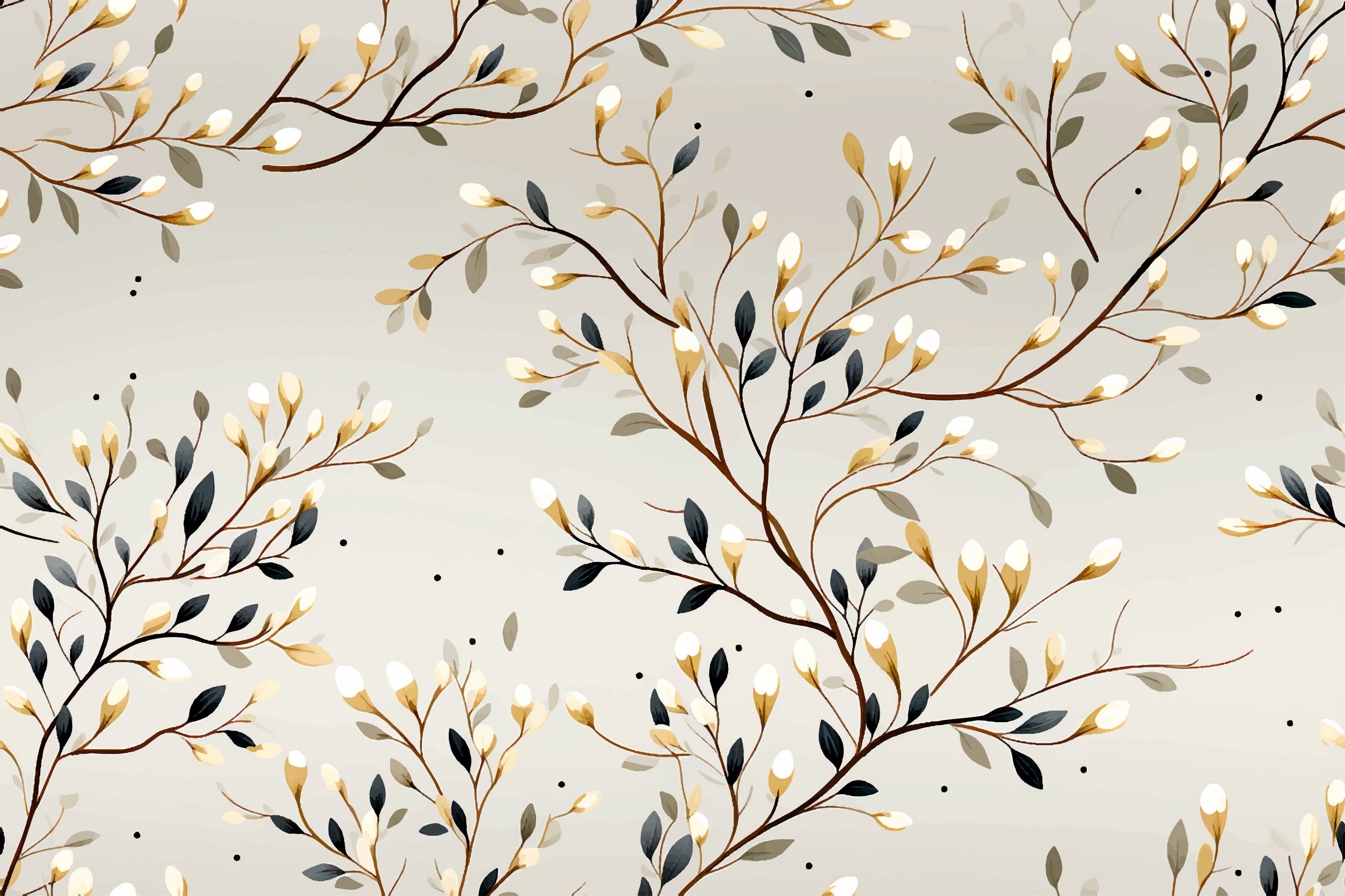 Whimsical Winter Branches Seamless Pattern - White & Gold Buds on Grey