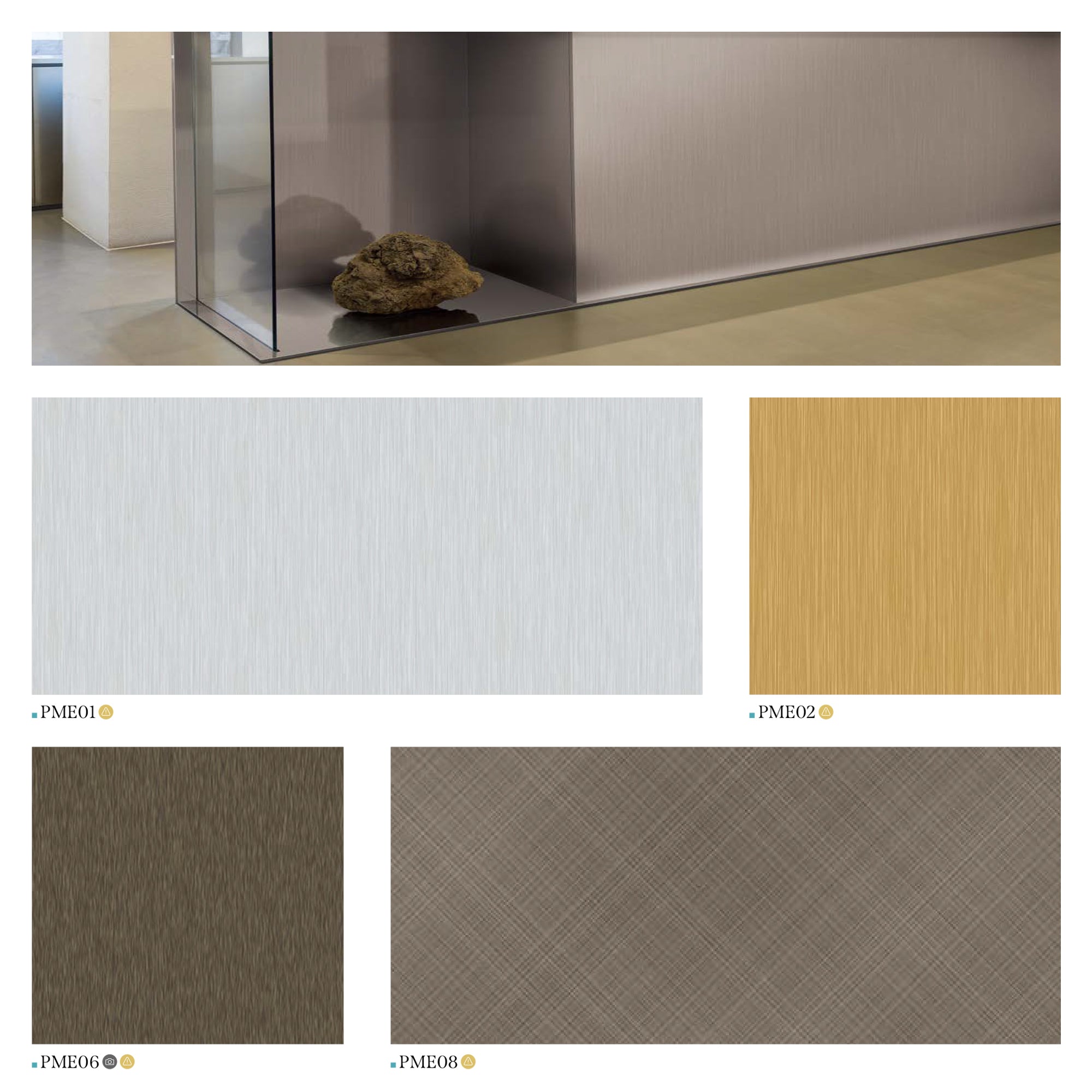 Contemporary Interior with Metallic Finishes & Glass Display, showcasing Textured Swatches