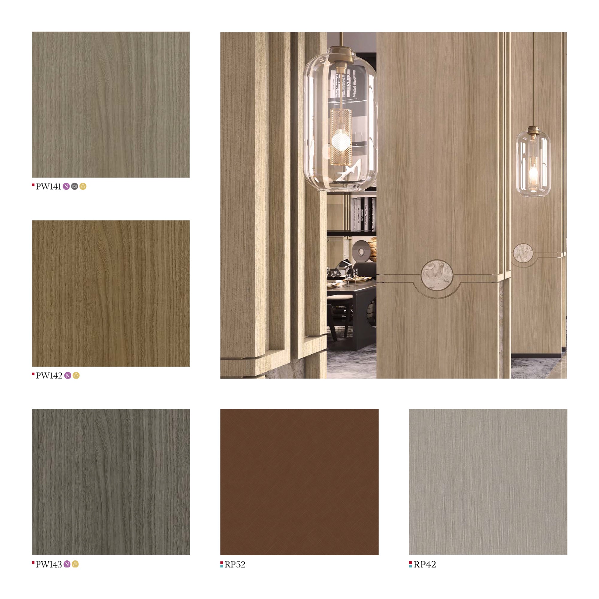 Luxurious Interior Design with Vertical Wood Panels & Modern Lighting, showcasing Wood Grain Finishes
