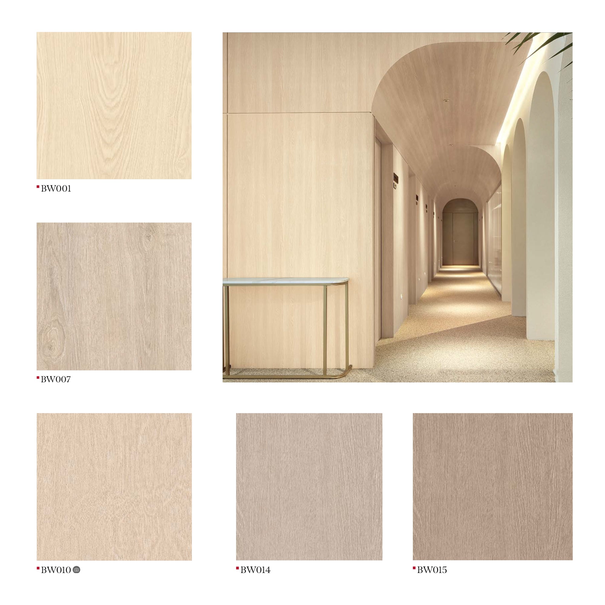 Modern Curved Hallway with Light Wood Paneling & Arches, showcasing Various Wood Finishes