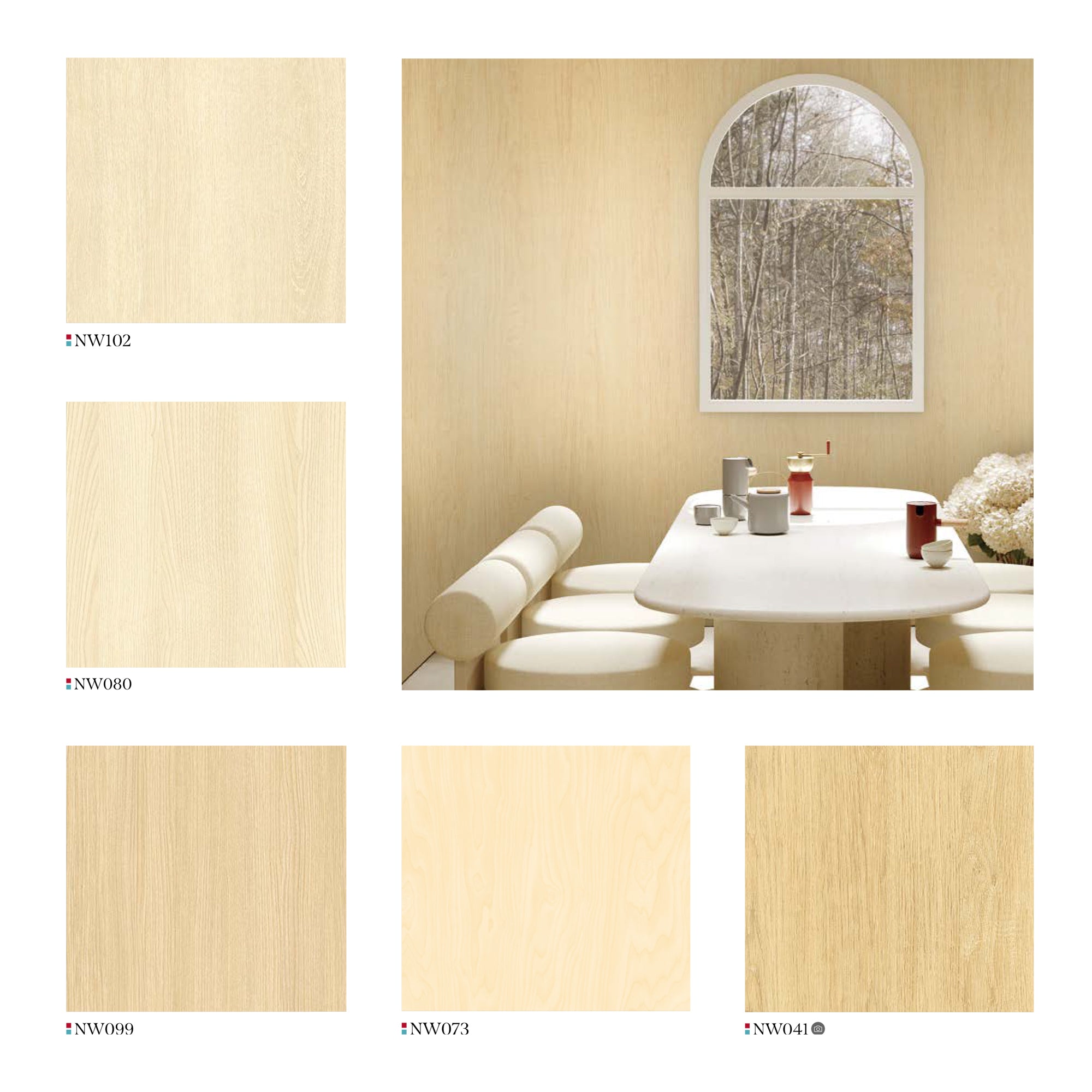 Inviting Cafe Interior with Light Wood-Look Walls & Arch Window, showcasing Wood Grain Finishes