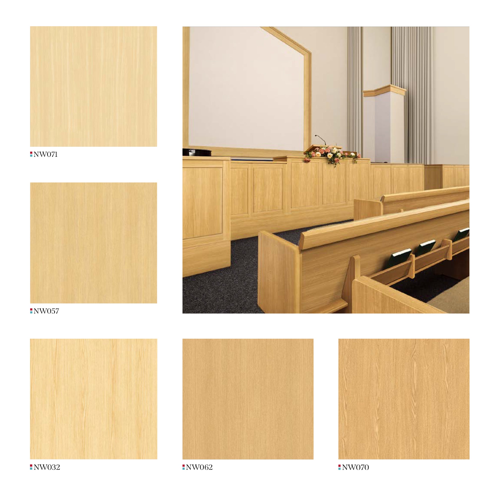 Classical Auditorium/Courtroom Interior with Wooden Pews & Podium, showcasing Light Wood Finishes