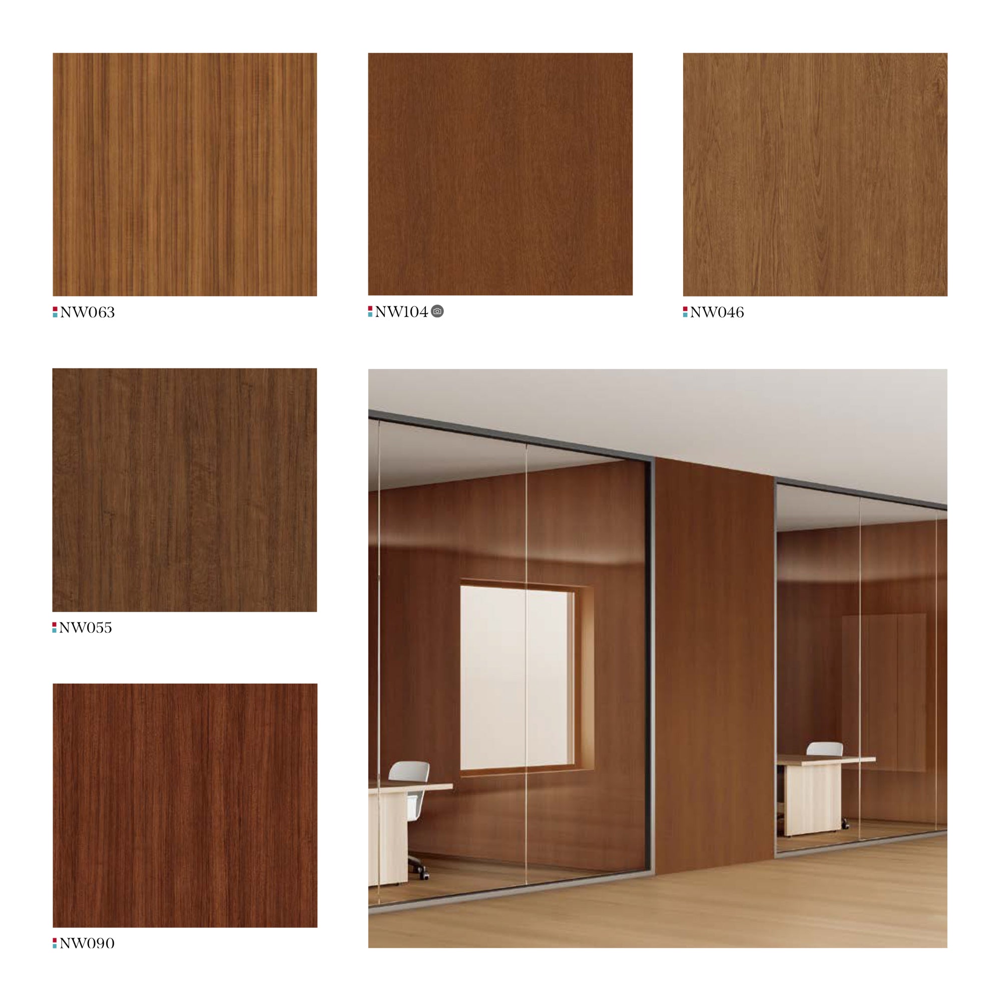 Modern Office Interior with Glass Partitions & Wood Accents, showcasing Various Wood Finishes