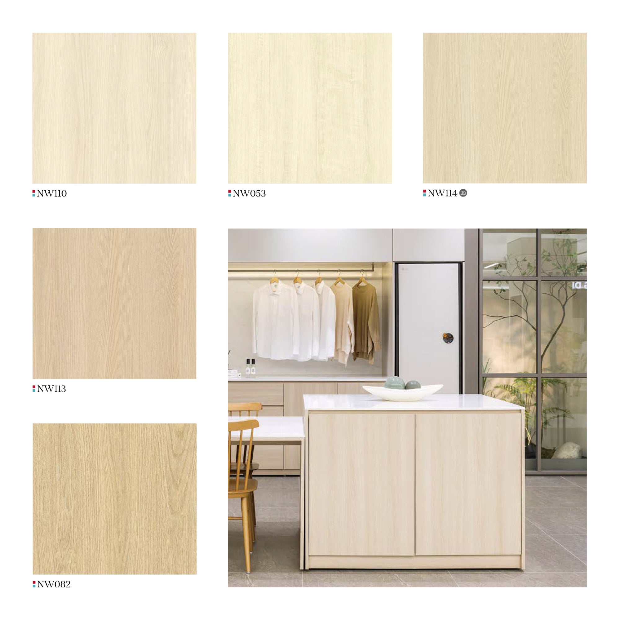 Light Wood Interior Design with Island Cabinet & Clothes Rack, showcasing Various Wood Finishes